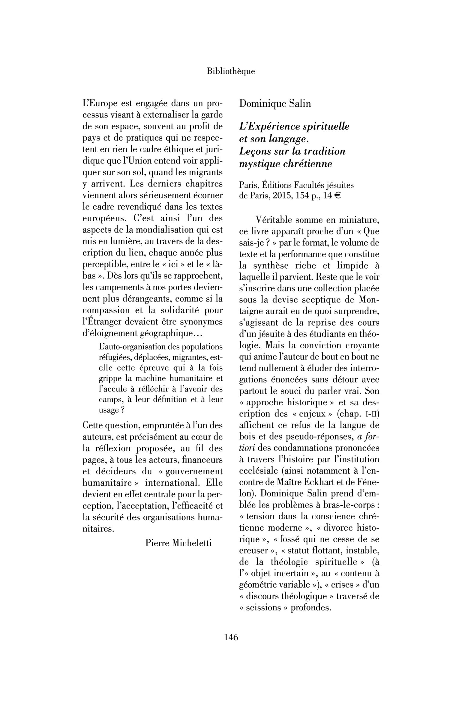 Dominique Salin : l’Expérience spirituelle et son langage. Leçons sur la tradition mystique chrétienne