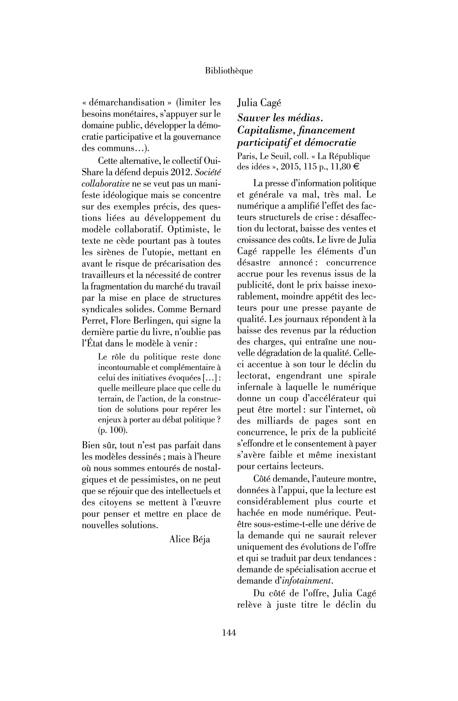 Julia Cagé : Sauver les médias. Capitalisme, financement participatif et démocratie