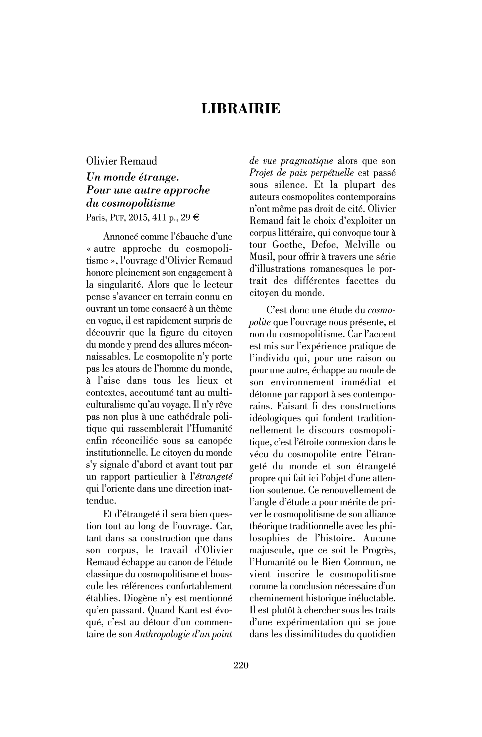Olivier Remaud : Un monde étrange. Pour une autre approche du cosmopolitisme