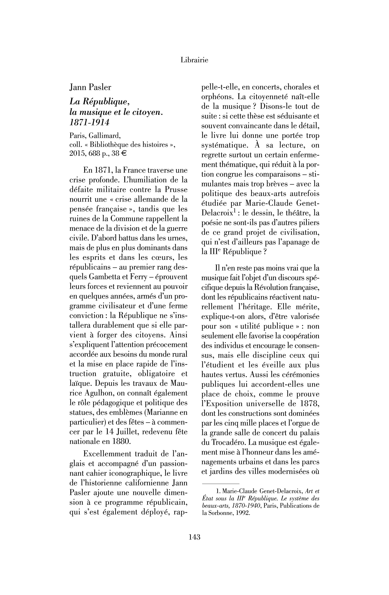 Jann Pasler : la République, la musique et le citoyen. 1871-1914