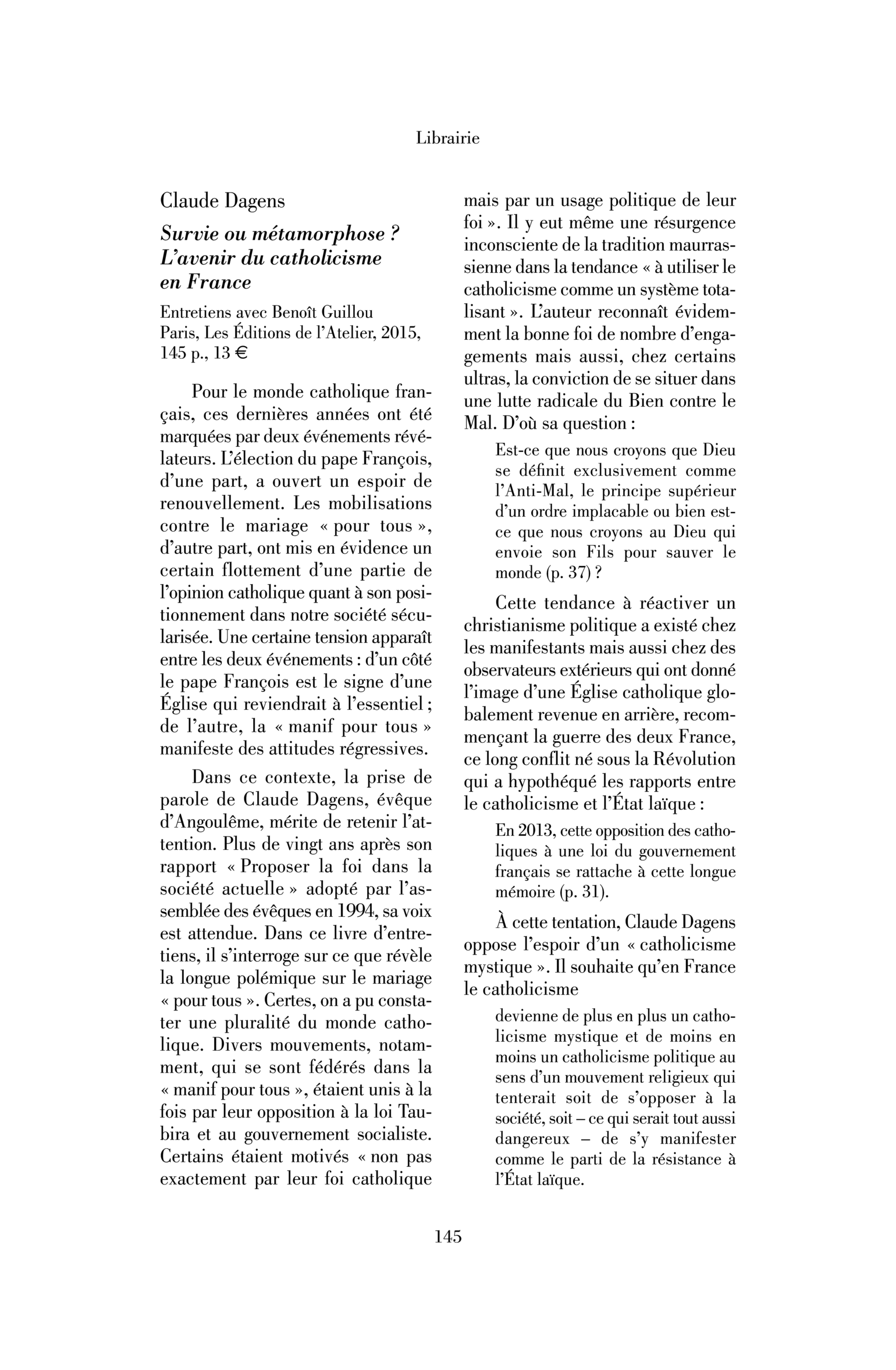 Claude Dagens : Survie ou métamorphose ? L’avenir du catholicisme en France