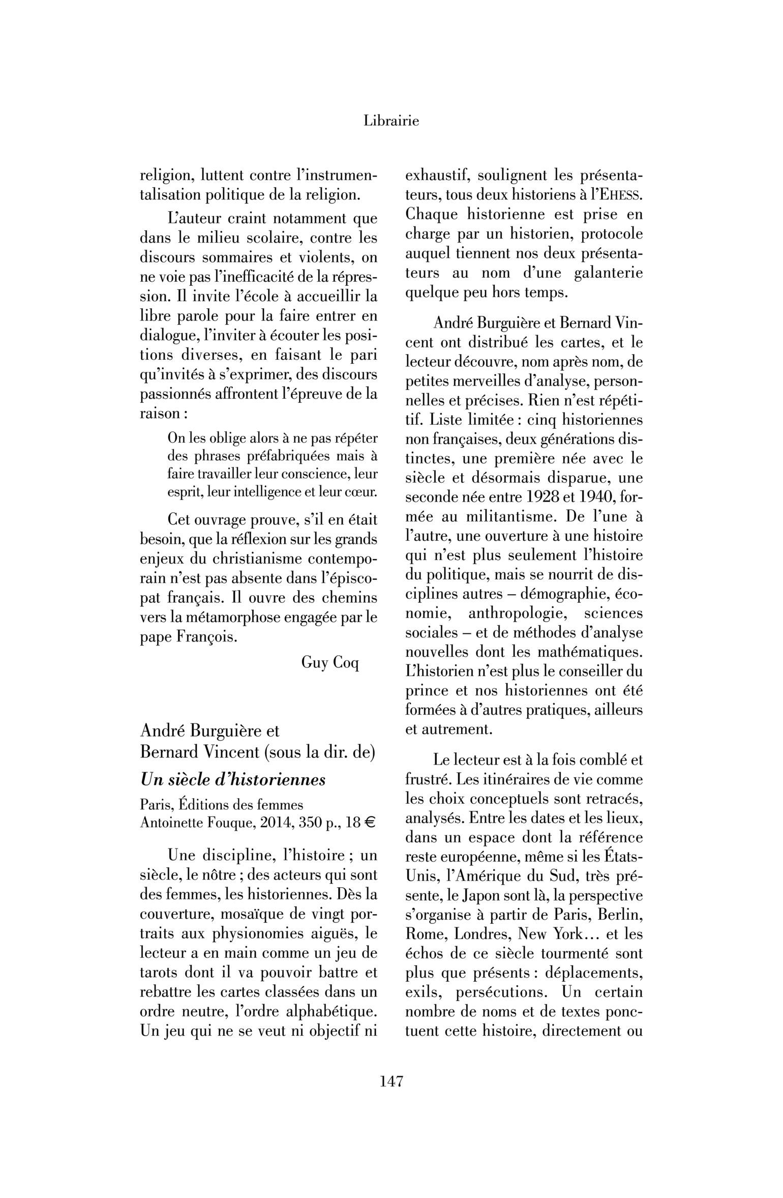 André Burguière et Bernard Vincent (sous la dir. de) : Un siècle d’historiennes