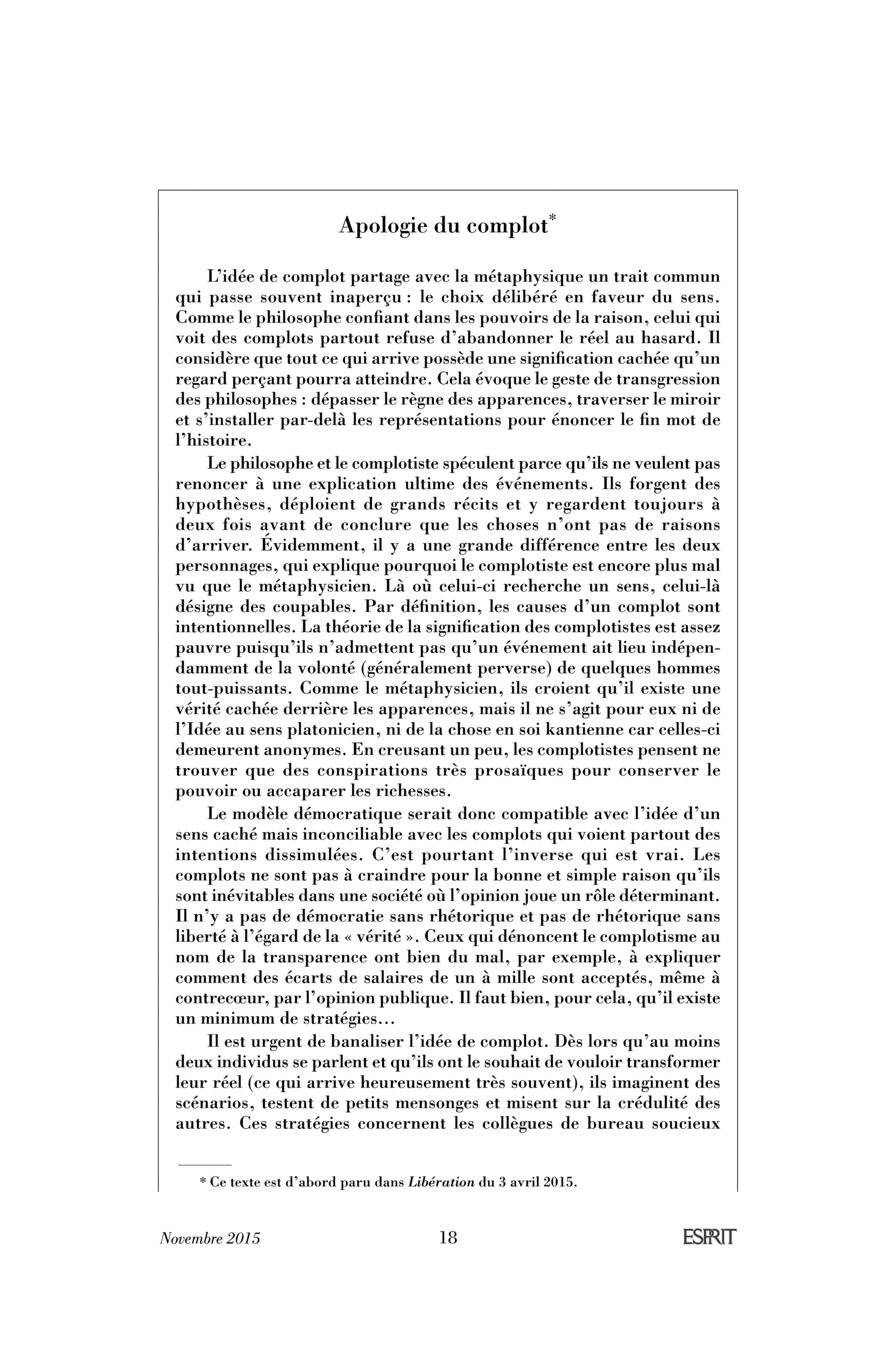 Apologie du complot. Encadré