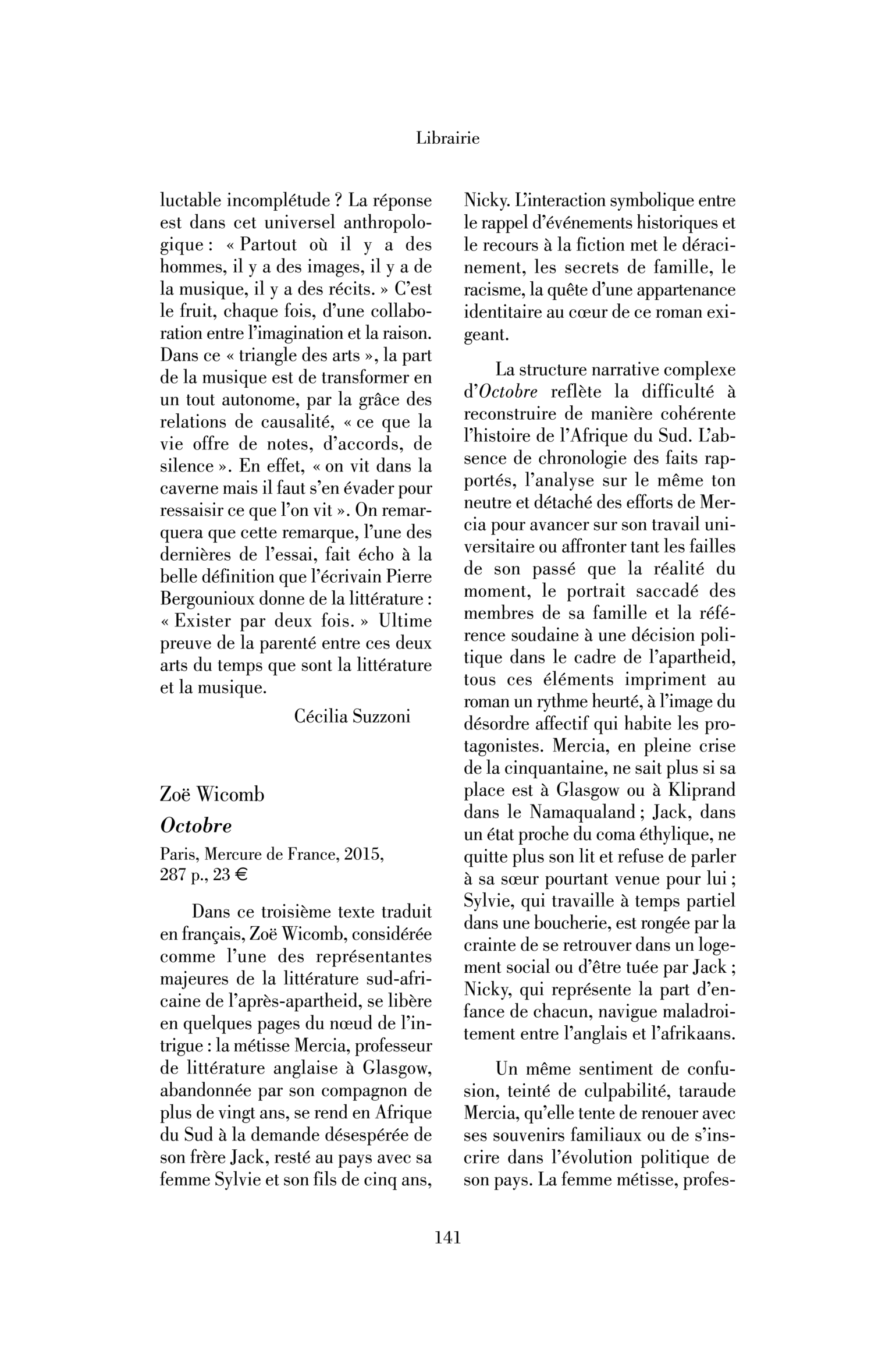 Zoë Wicomb : Octobre