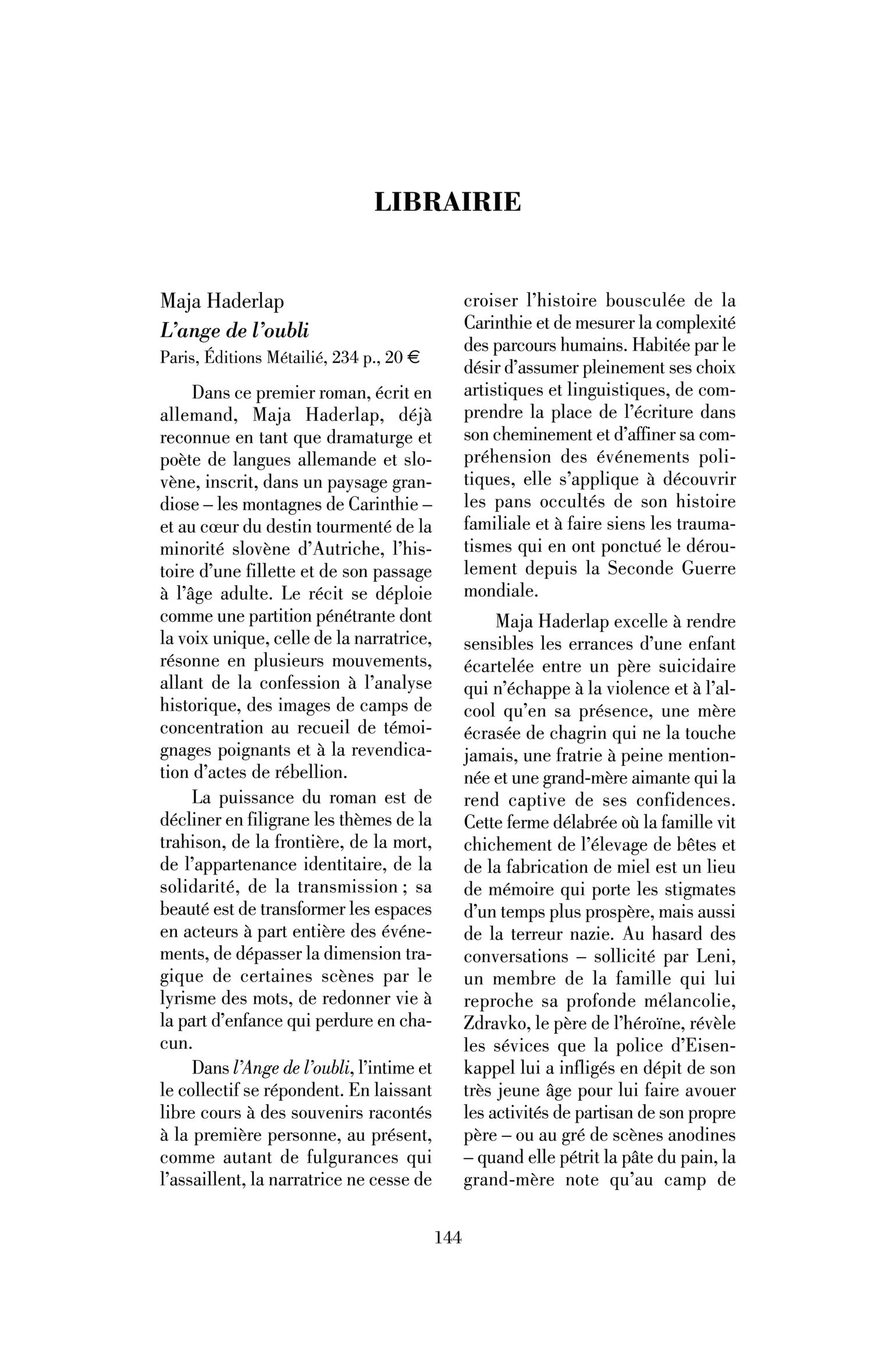 Maja Haderlap : L’Ange de l’oubli