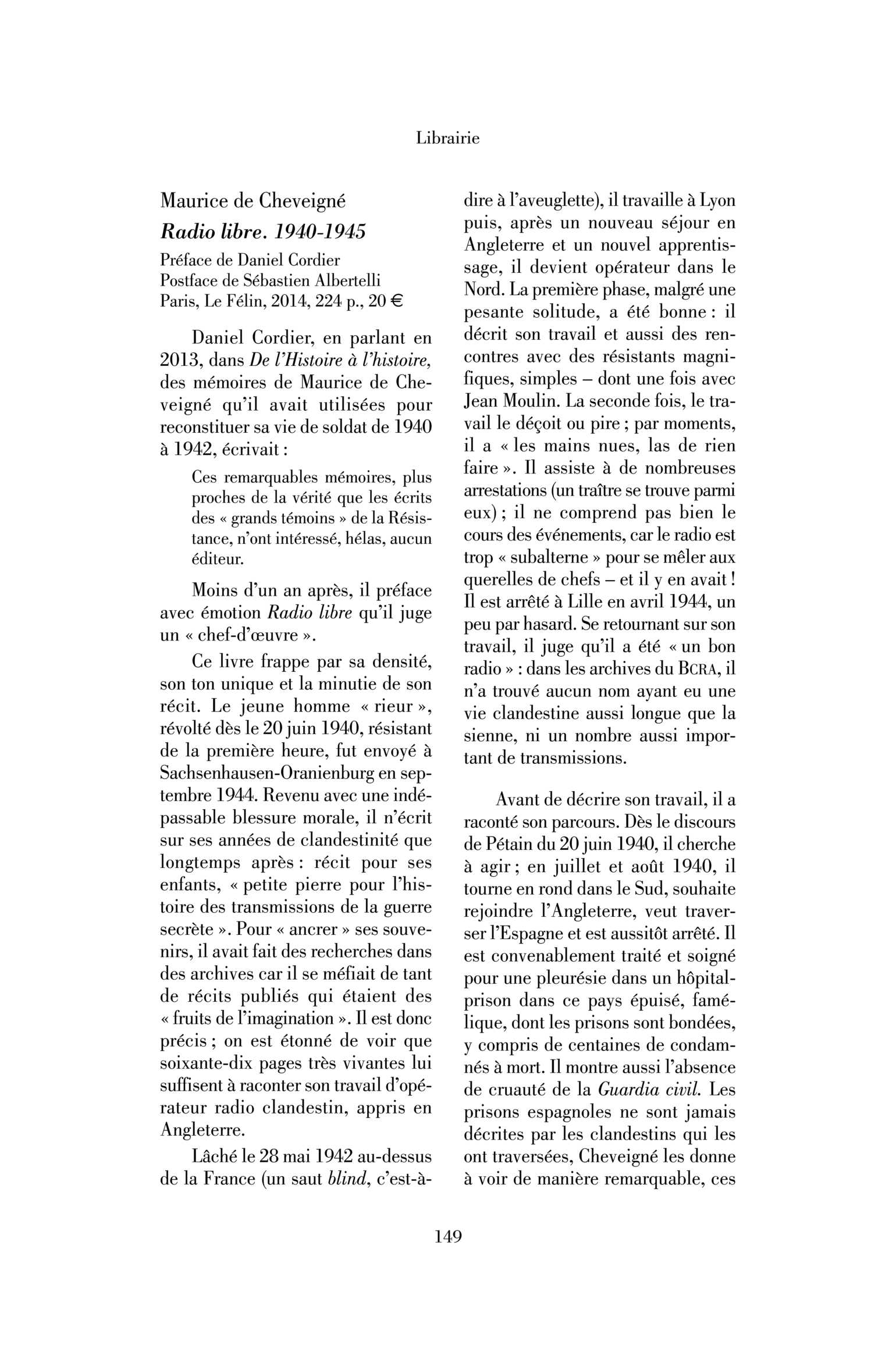 Maurice de Cheveigné : Radio libre. 1940-1945