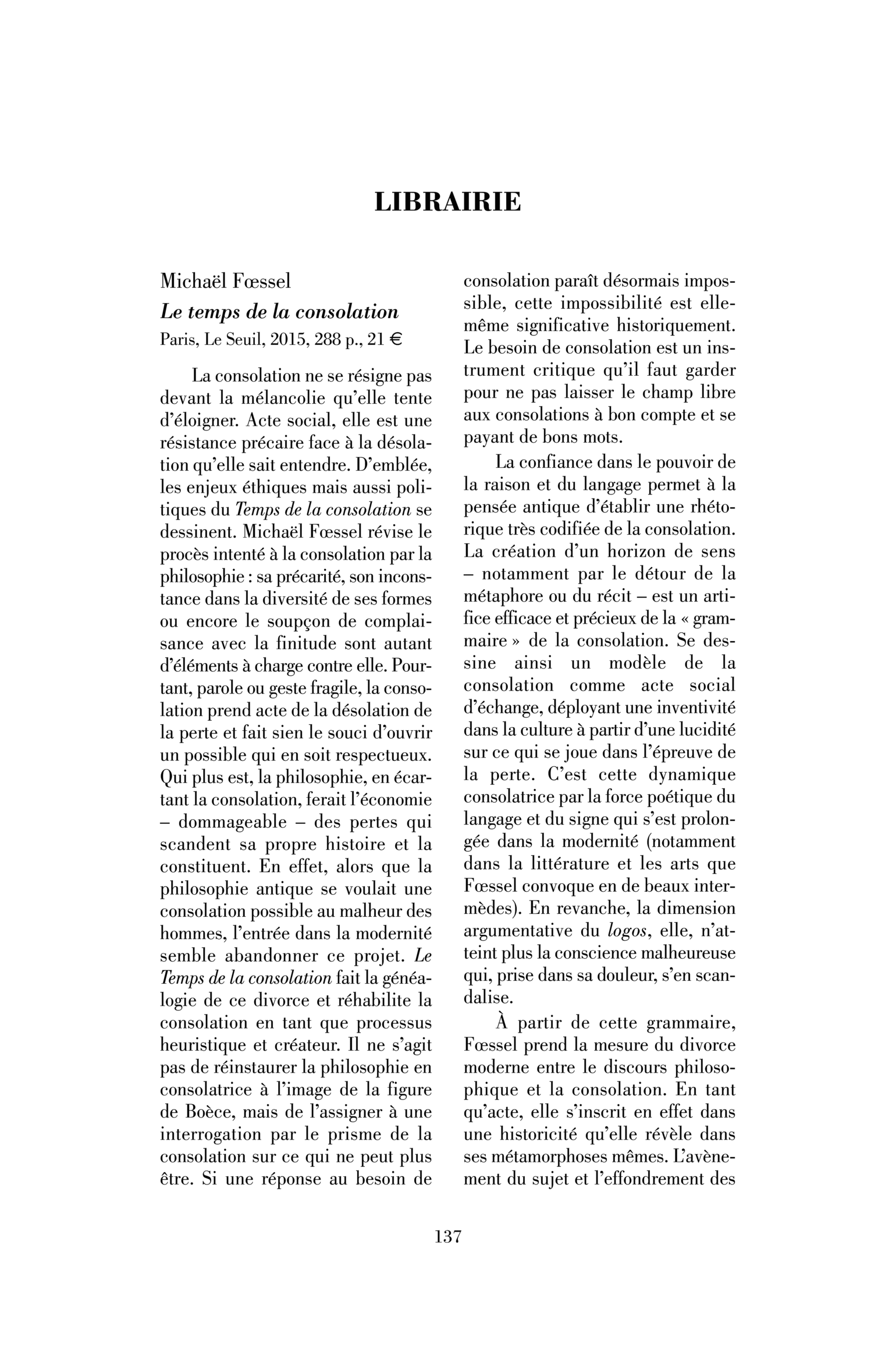 Michaël Fœssel : le Temps de la consolation