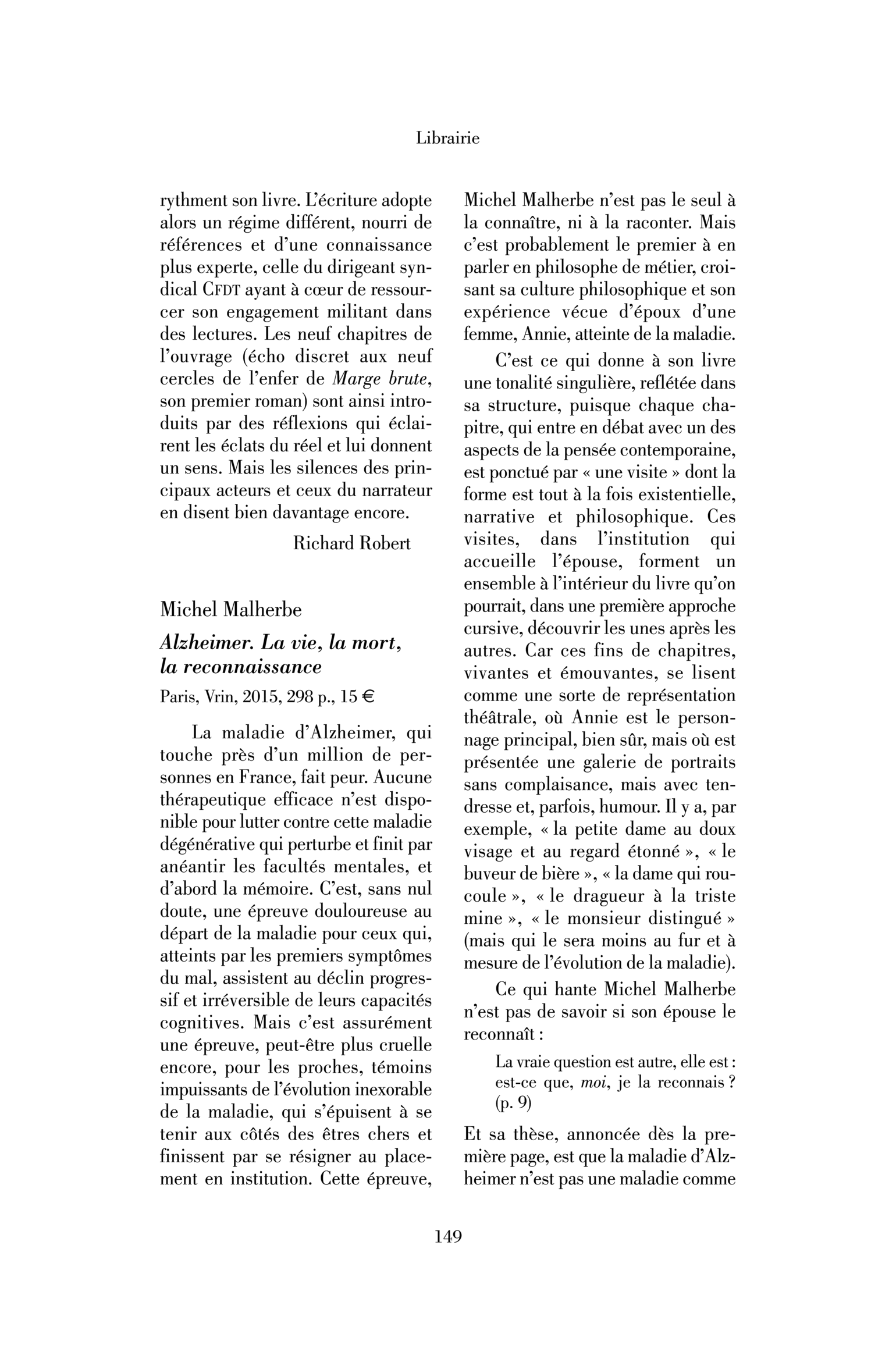 Michel Malherbe : Alzheimer. La vie, la mort, la reconnaissance