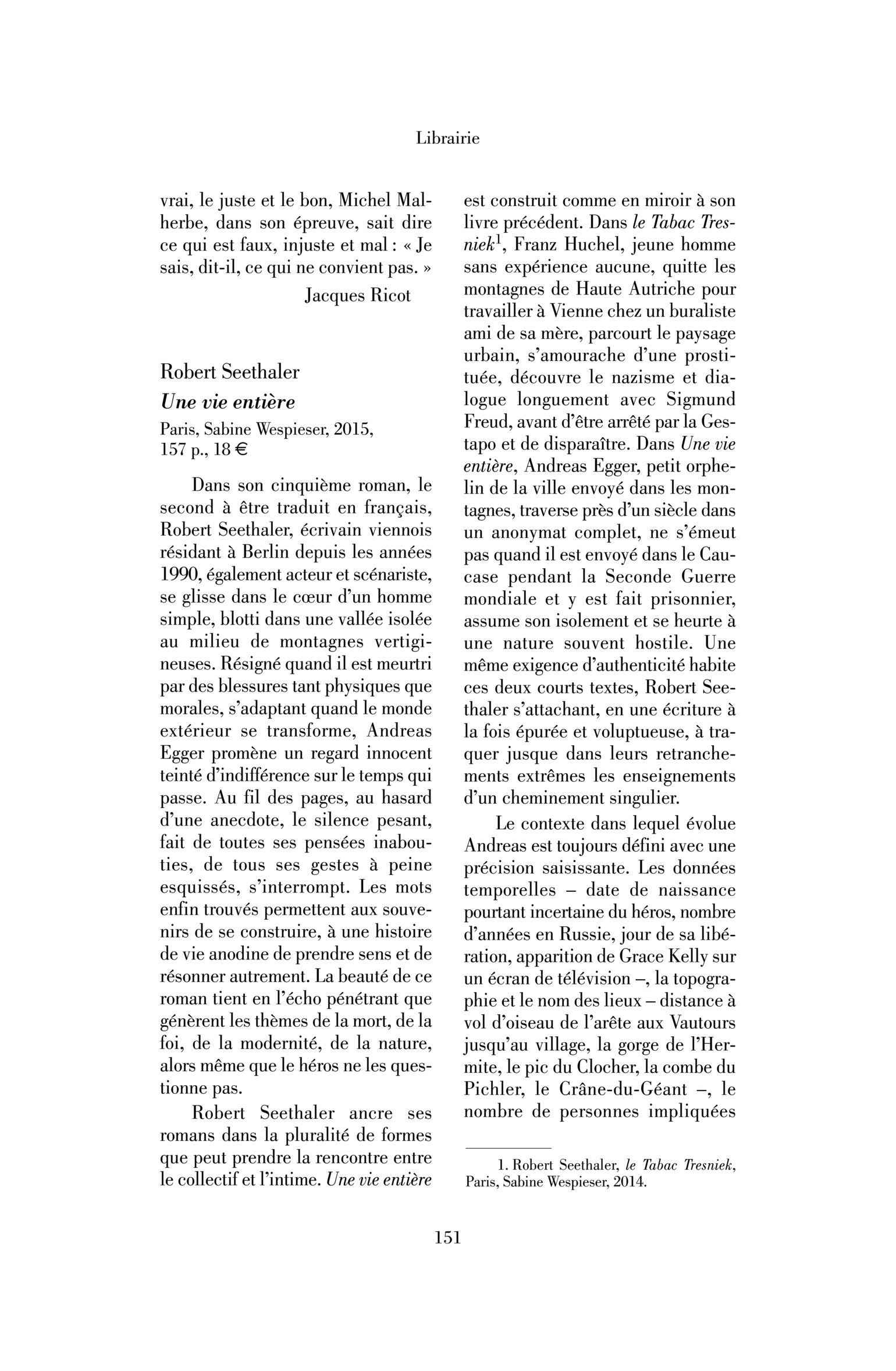 Robert Seethaler : Une vie entière