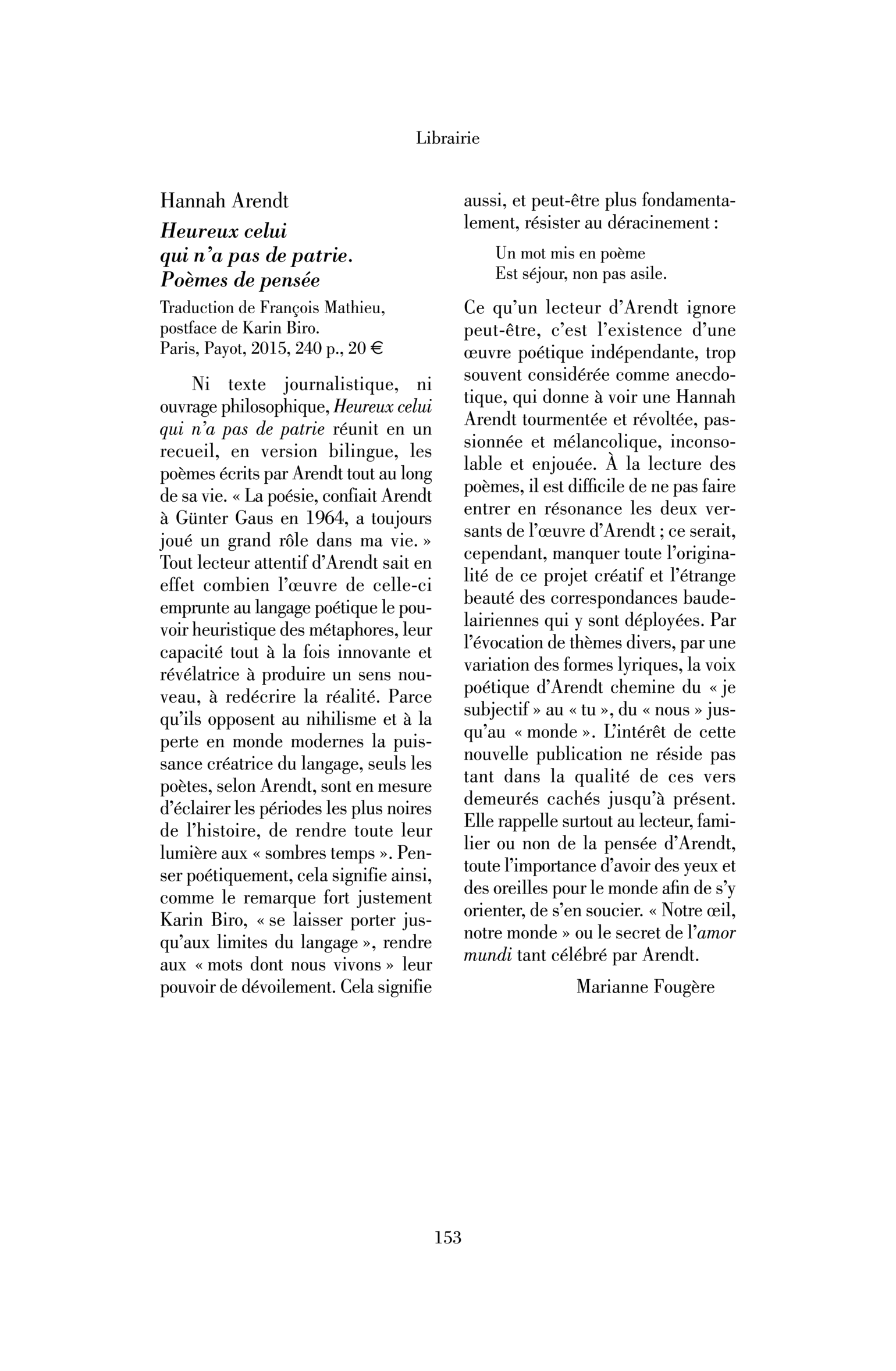 Hannah Arendt : Heureux celui qui n’a pas de patrie. Poèmes de pensée