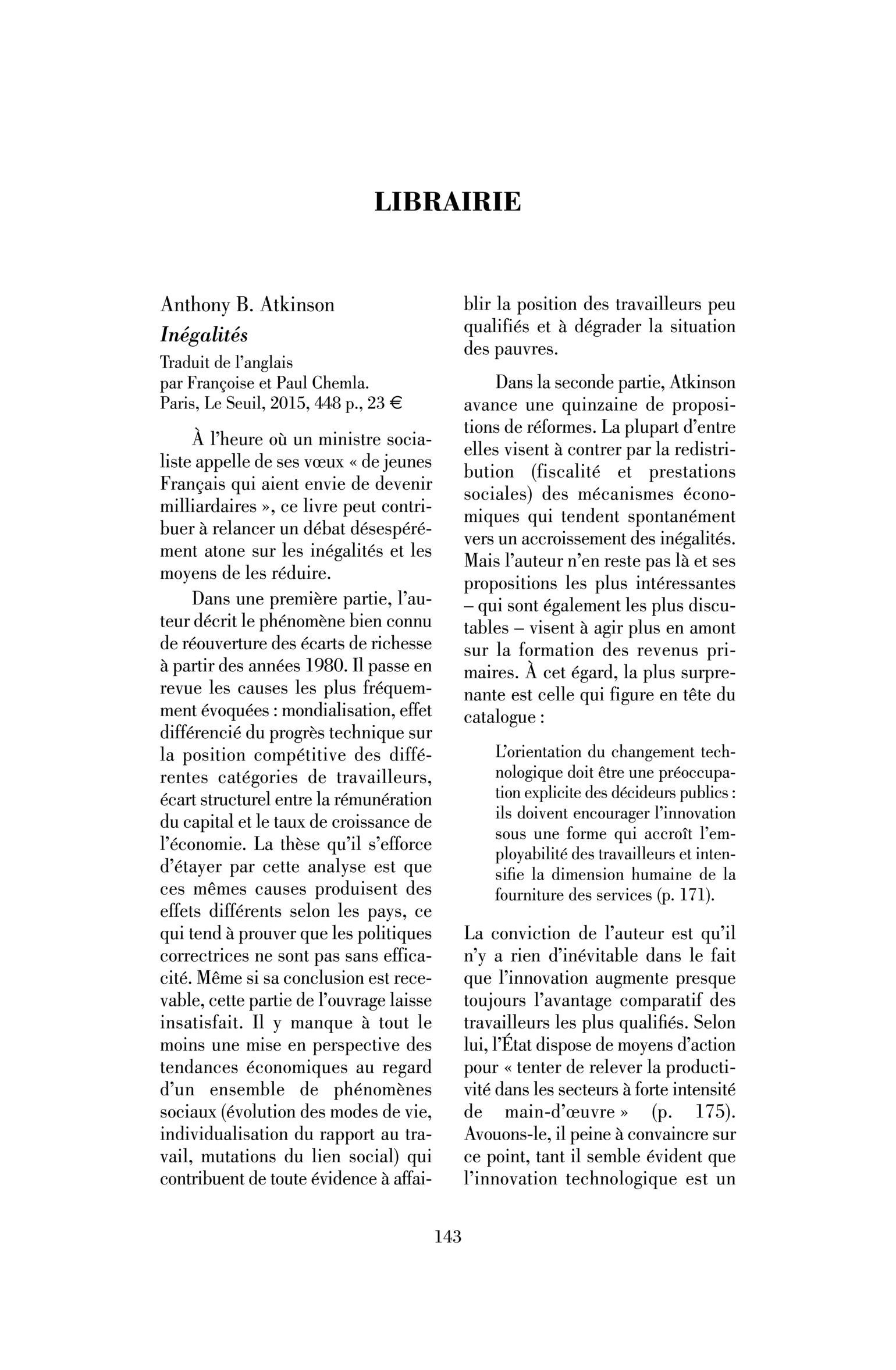 Anthony B. Atkinson : « Inégalités »
