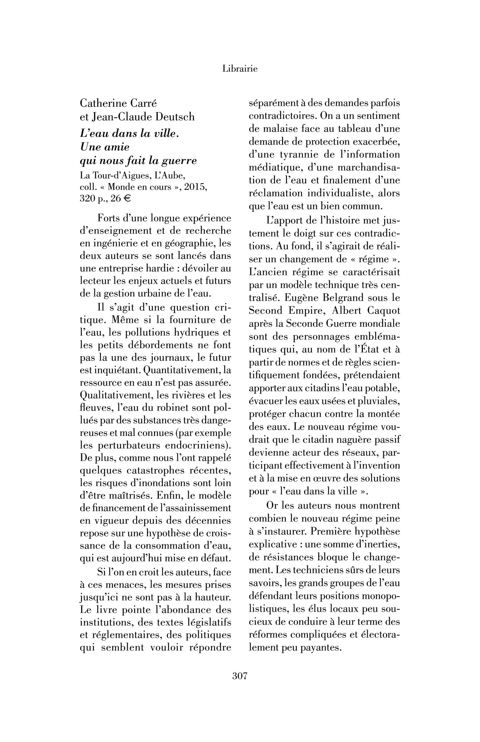 Catherine Carré et Jean-Claude Deutsch : L’Eau dans la ville. Une amie qui nous fait la guerre