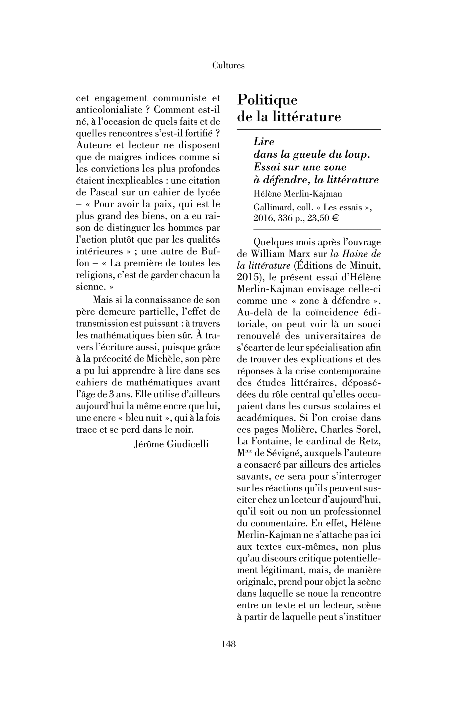 Hélène Merlin-Kajman, Lire dans la gueule du loup. Essai sur une zone à défendre, la littérature