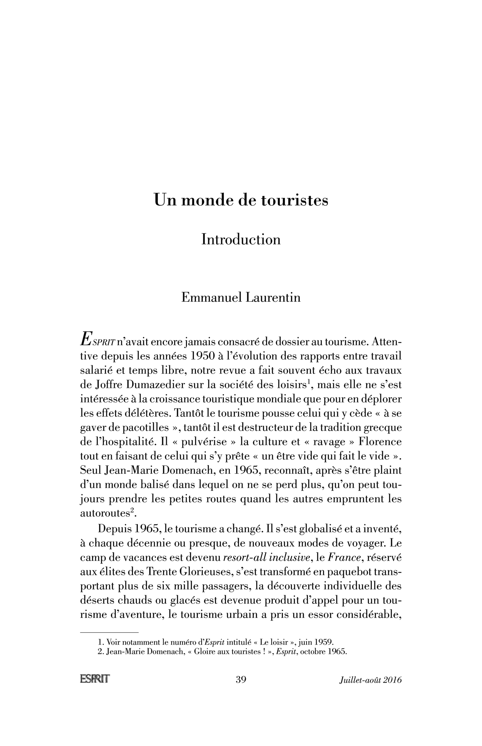 Un monde de touristes - Emmanuel Laurentin
