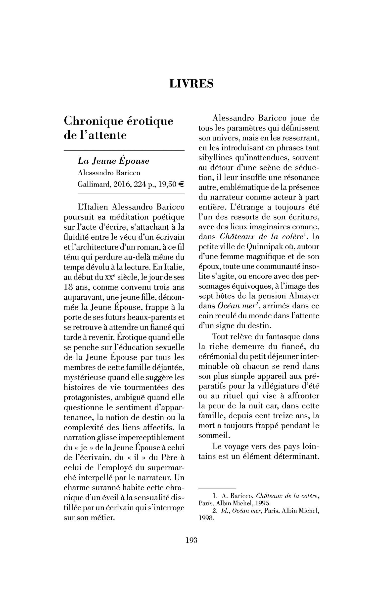 Alessandro Baricco, « La Jeune Épouse »