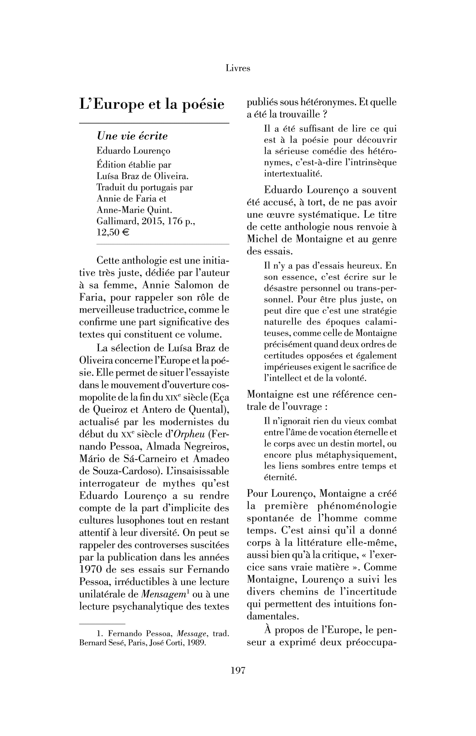 Eduardo Lourenço, « Une vie écrite »