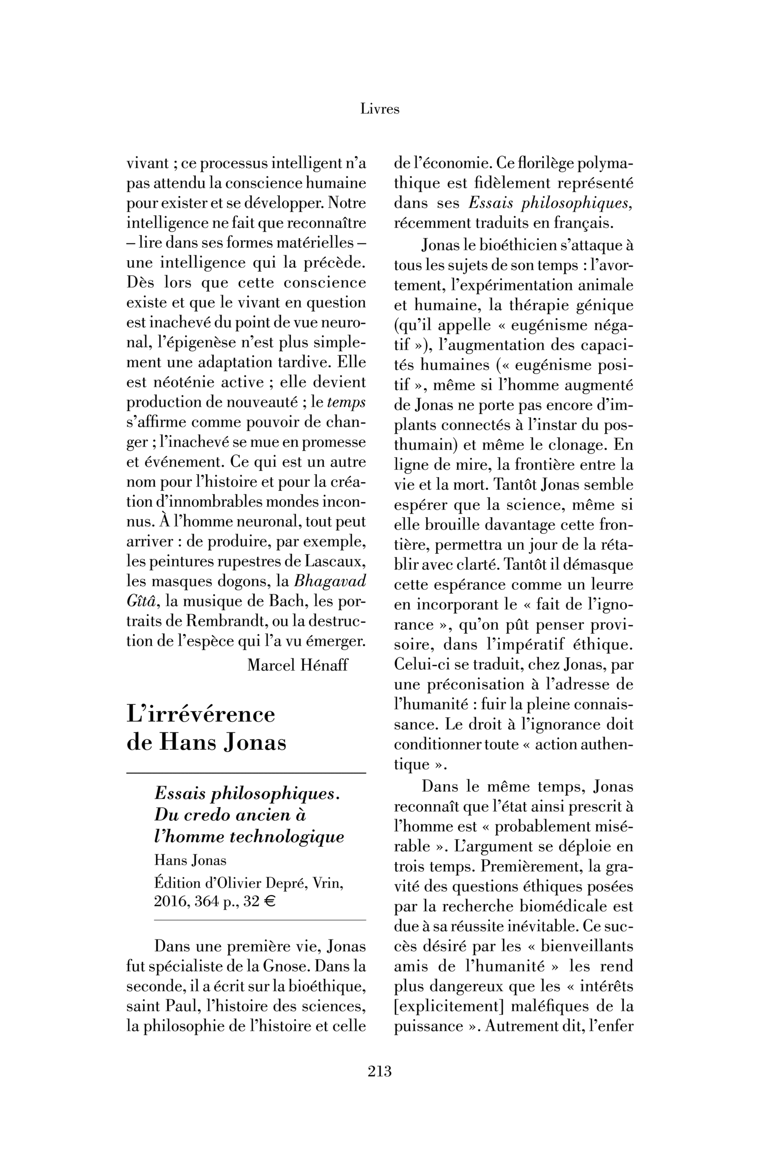 Hans Jonas, « Essais philosophiques. Du credo ancien à l’homme technologique »