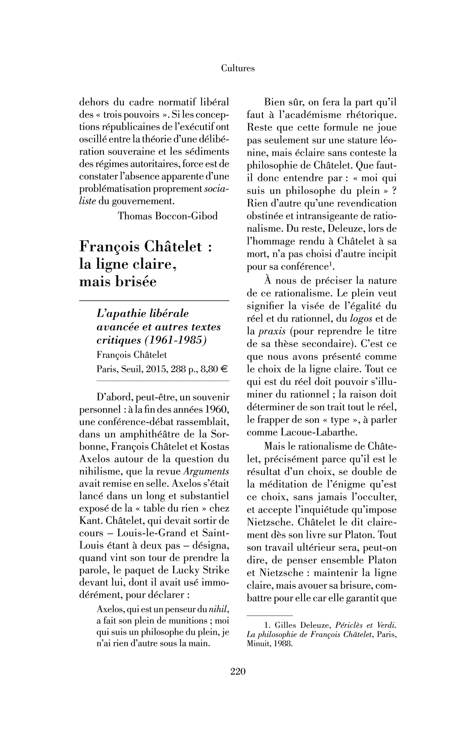 François Châtelet, « L’Apathie libérale avancée et autres textes critiques (1961-1985) »