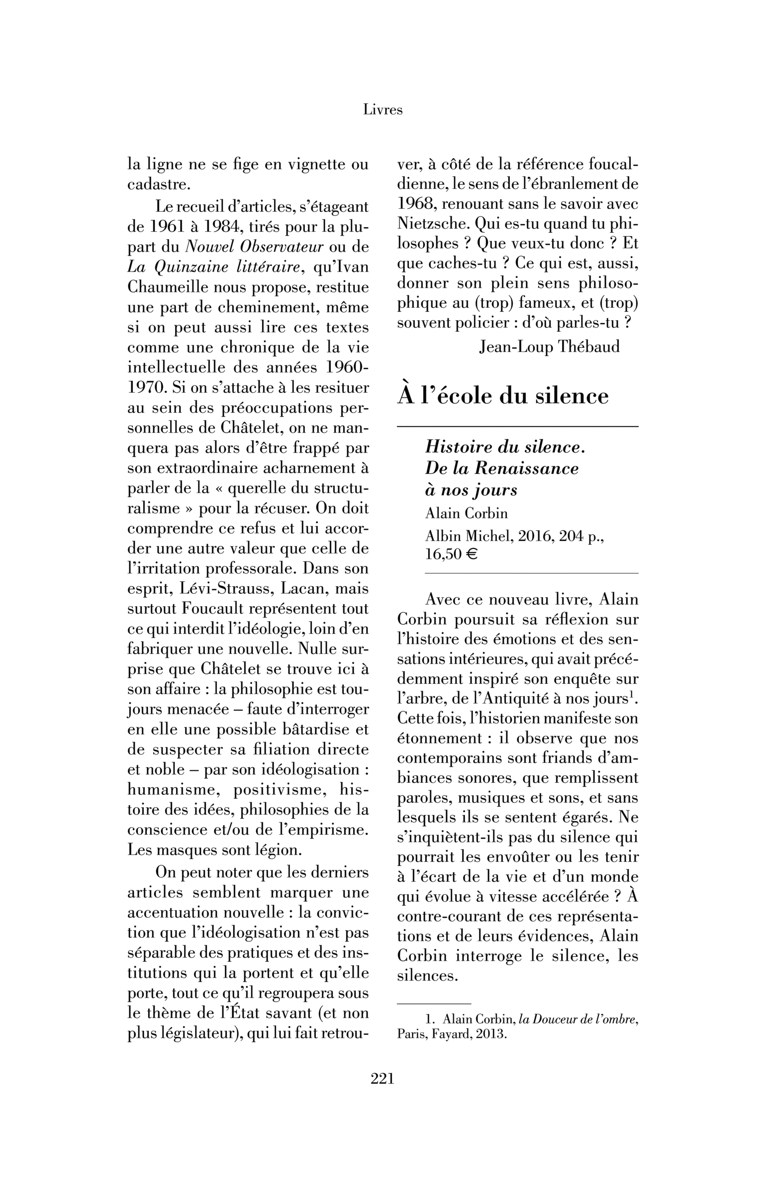 Alain Corbin, « Histoire du silence. De la Renaissance à nos jours »