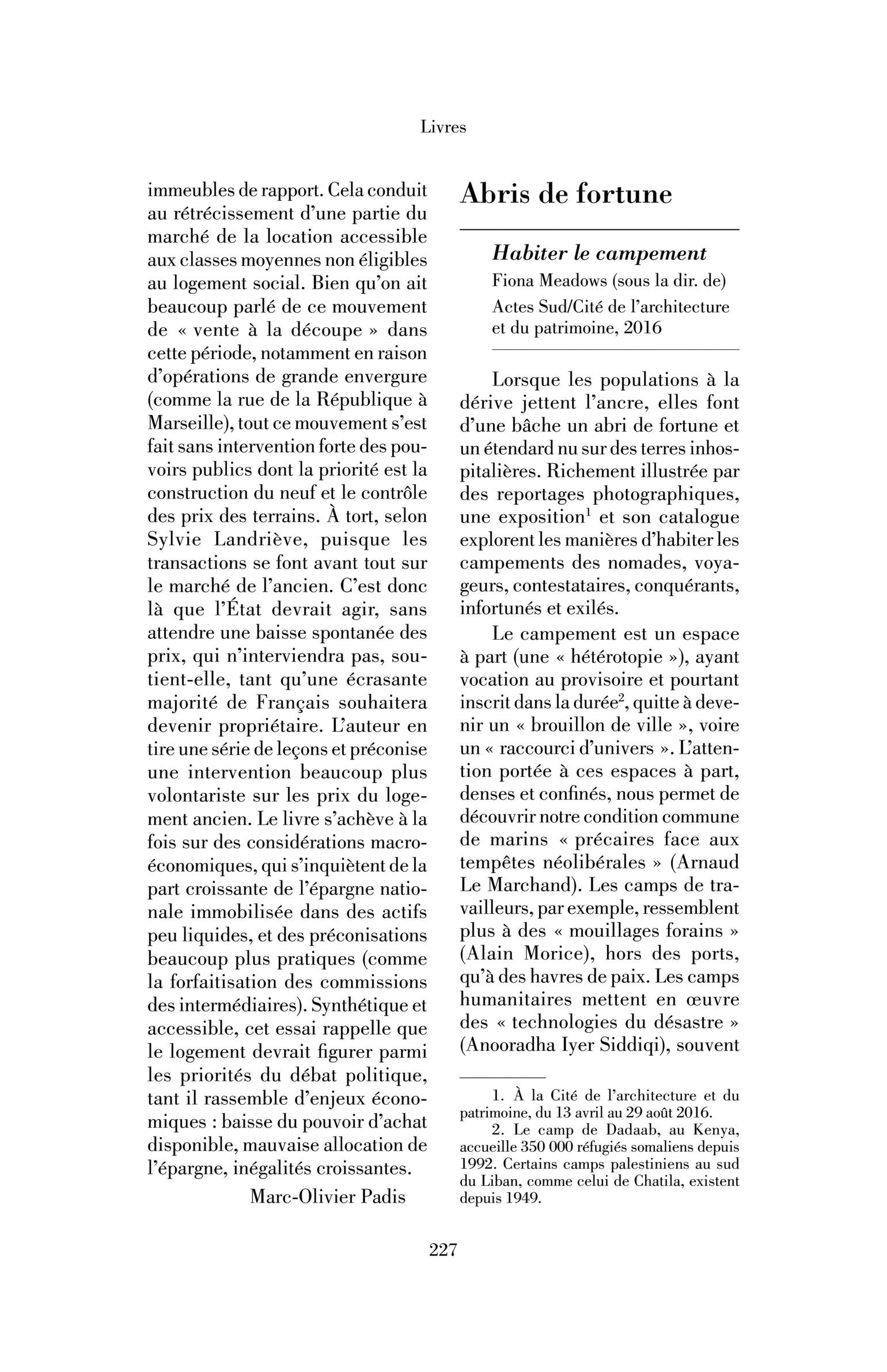 Fiona Meadows (sous la dir. de), « Habiter le campement »