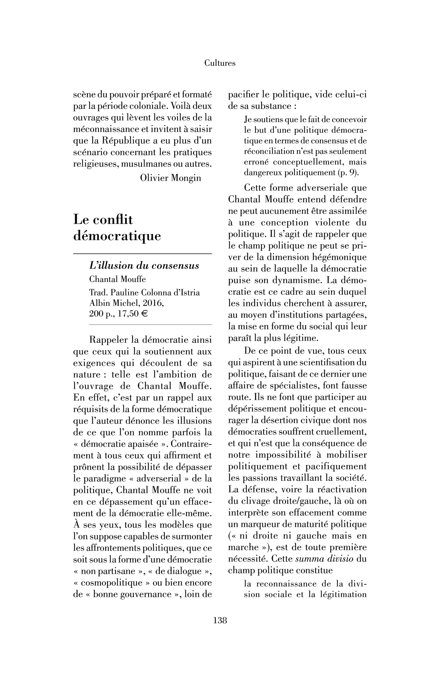 Chantal Mouffe, L’Illusion du consensus