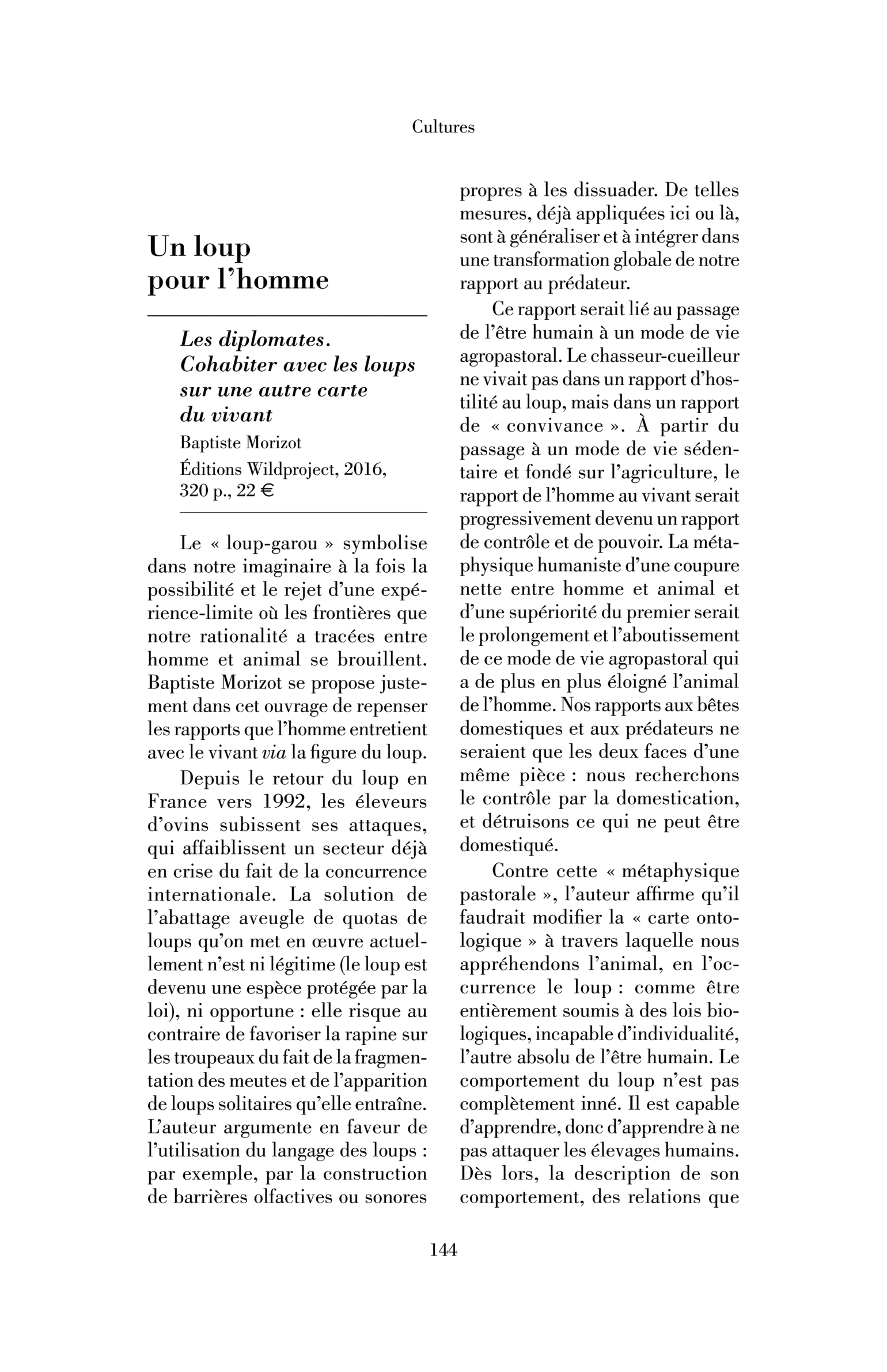 Baptiste Morizot, Les Diplomates. Cohabiter avec les loups sur une autre carte du vivant