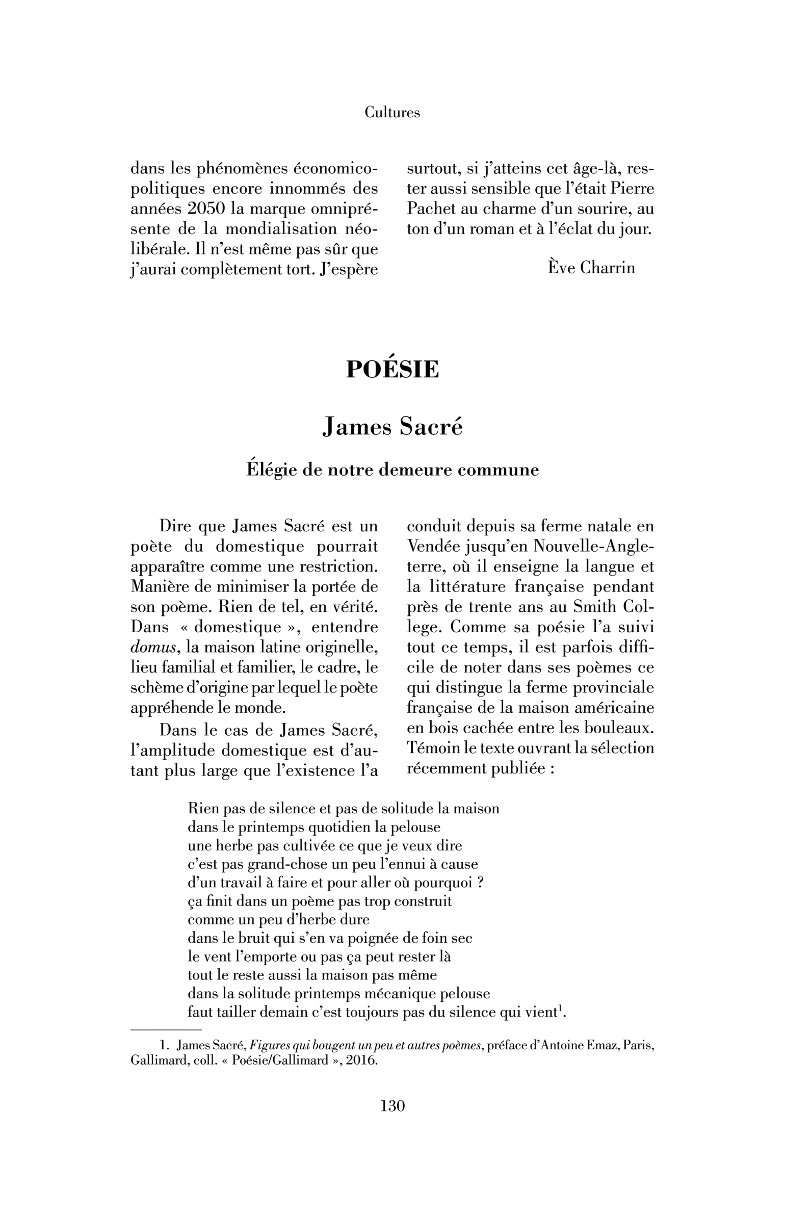 Poésie   James Sacré. Élégie de notre demeure commune