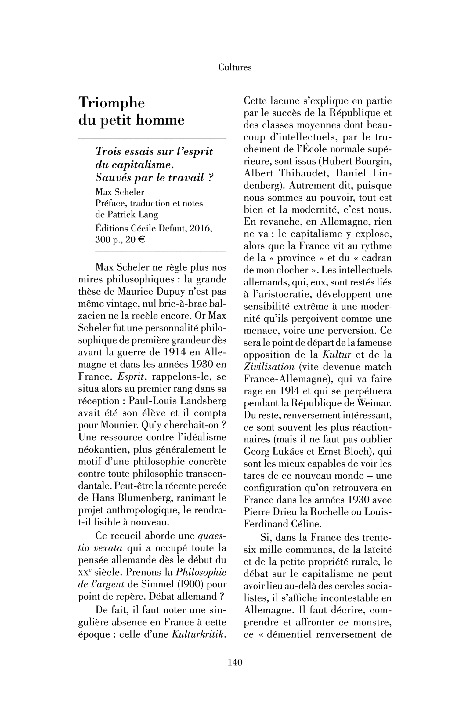 Max Scheler, « Trois essais sur l’esprit du capitalisme »