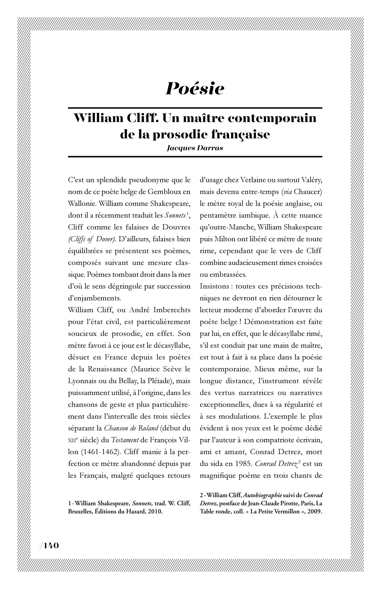 William Cliff. Un maître contemporain de la prosodie française