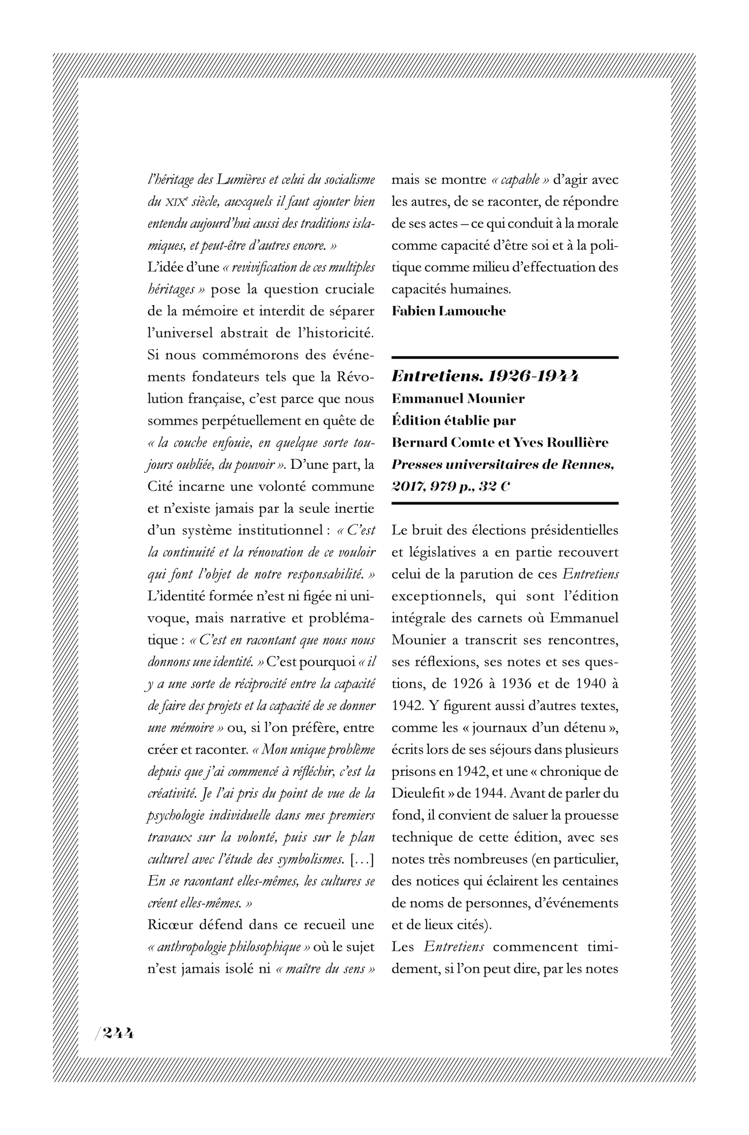 Bernard Comte et Yves Roullière, « Entretiens. 1926-1944. Emmanuel Mounier »
