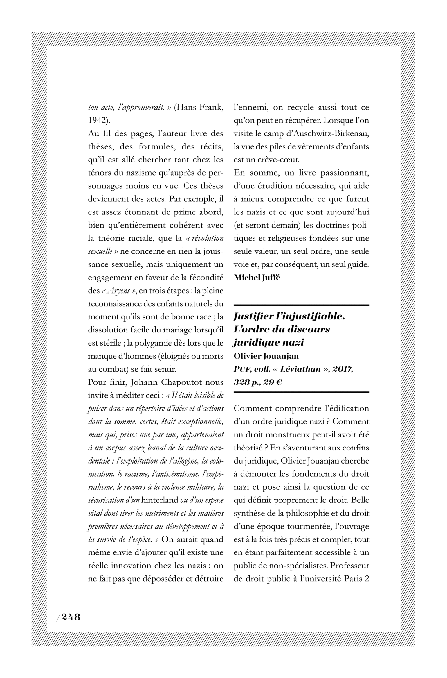 Olivier Jouanjan, « Justifier l’injustifiable. L’ordre du discours juridique nazi »