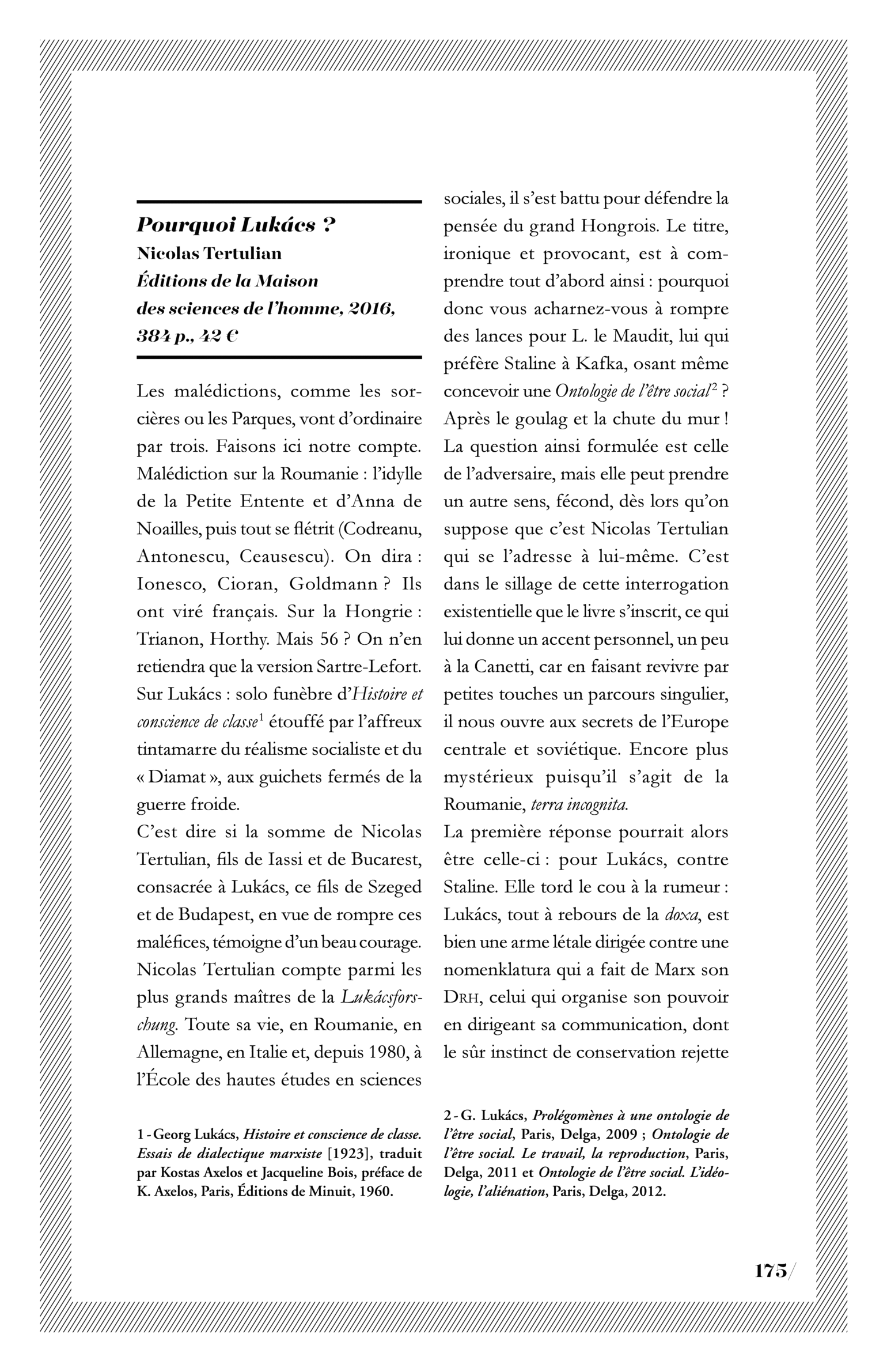 Nicolas Tertulian, « Pourquoi Lukács ? »