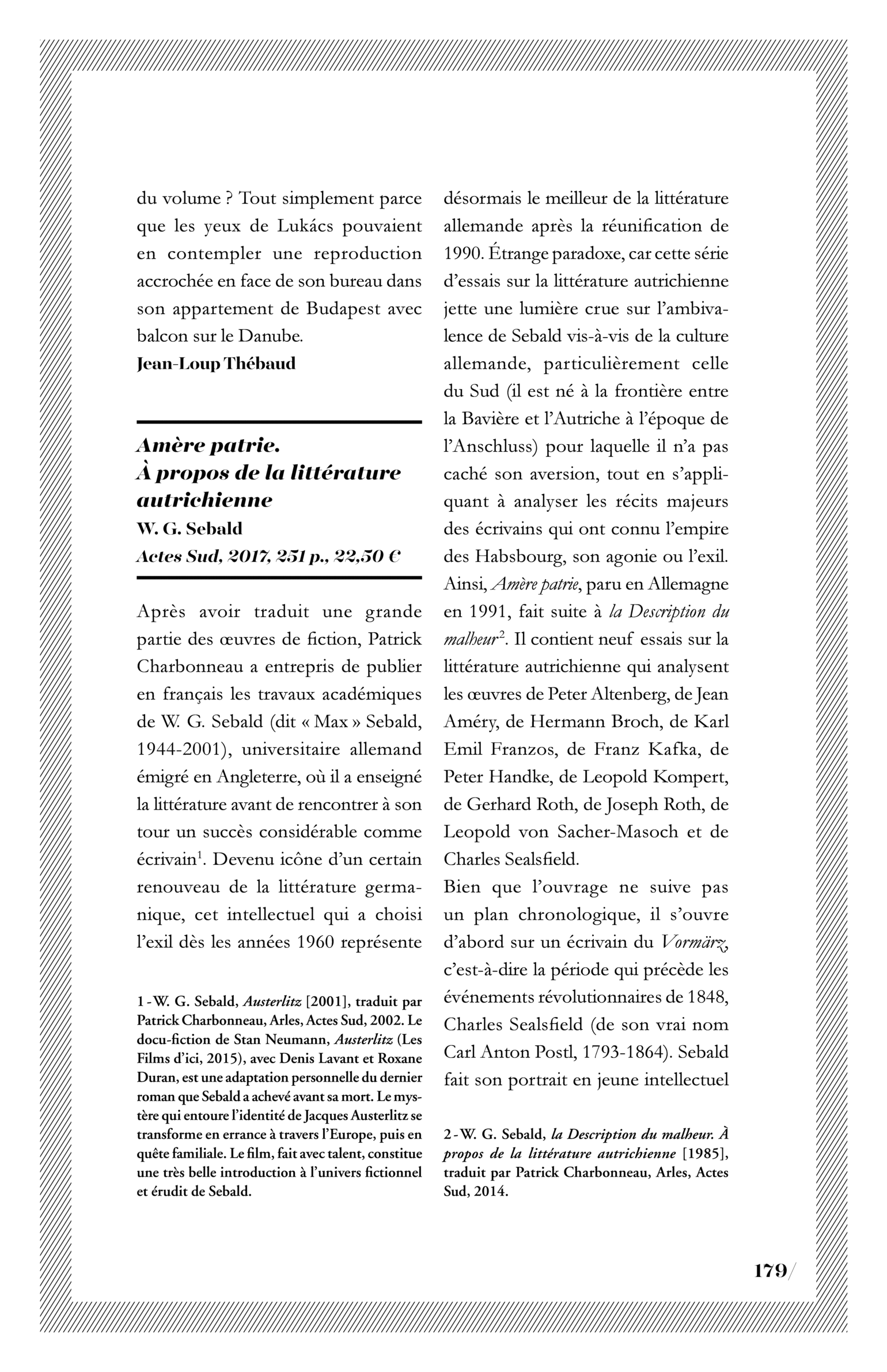 W. G. Sebald, « Amère patrie. À propos de la littérature autrichienne »