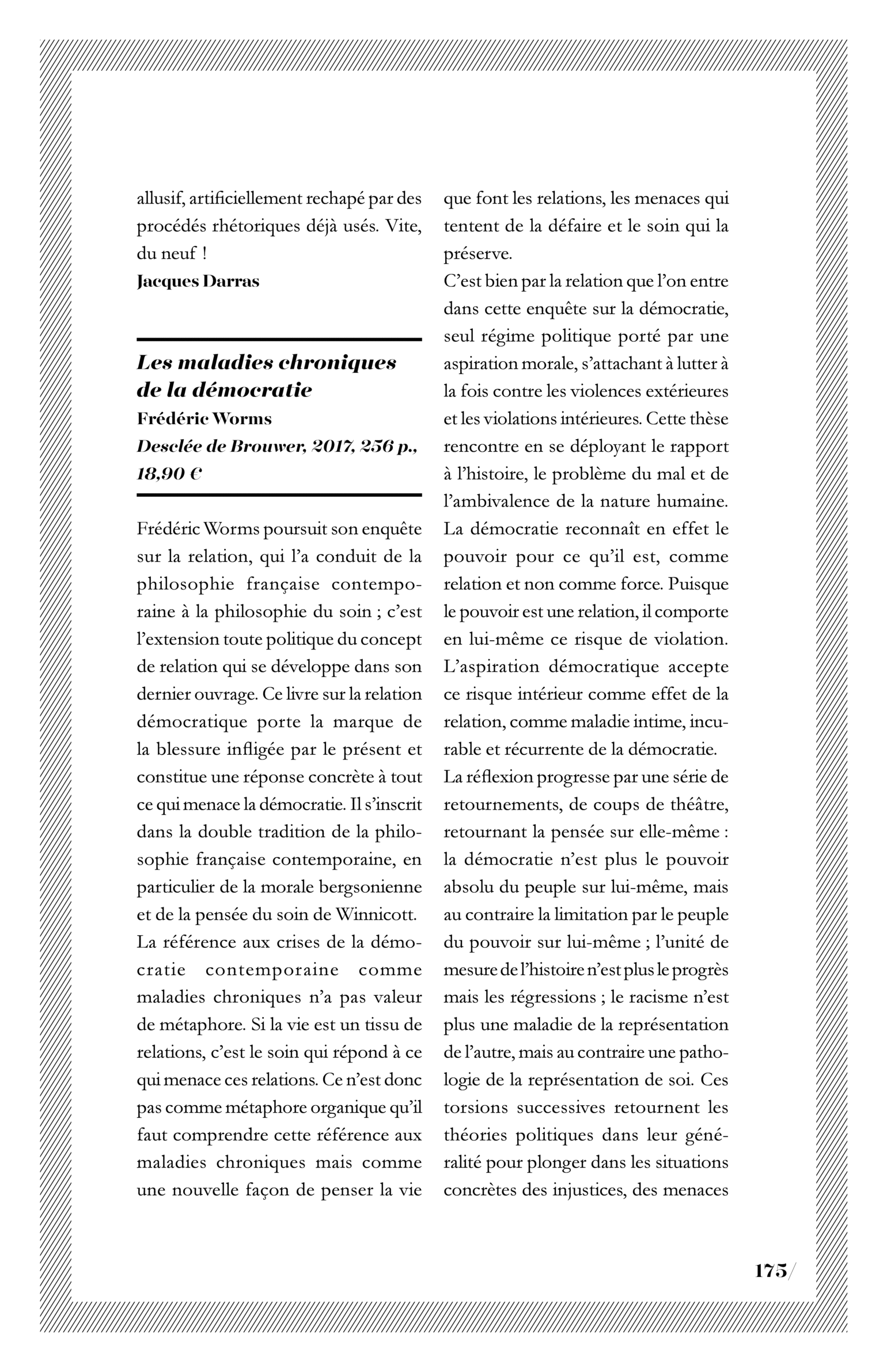 Frédéric Worms, « Les maladies chroniques de la démocratie »
