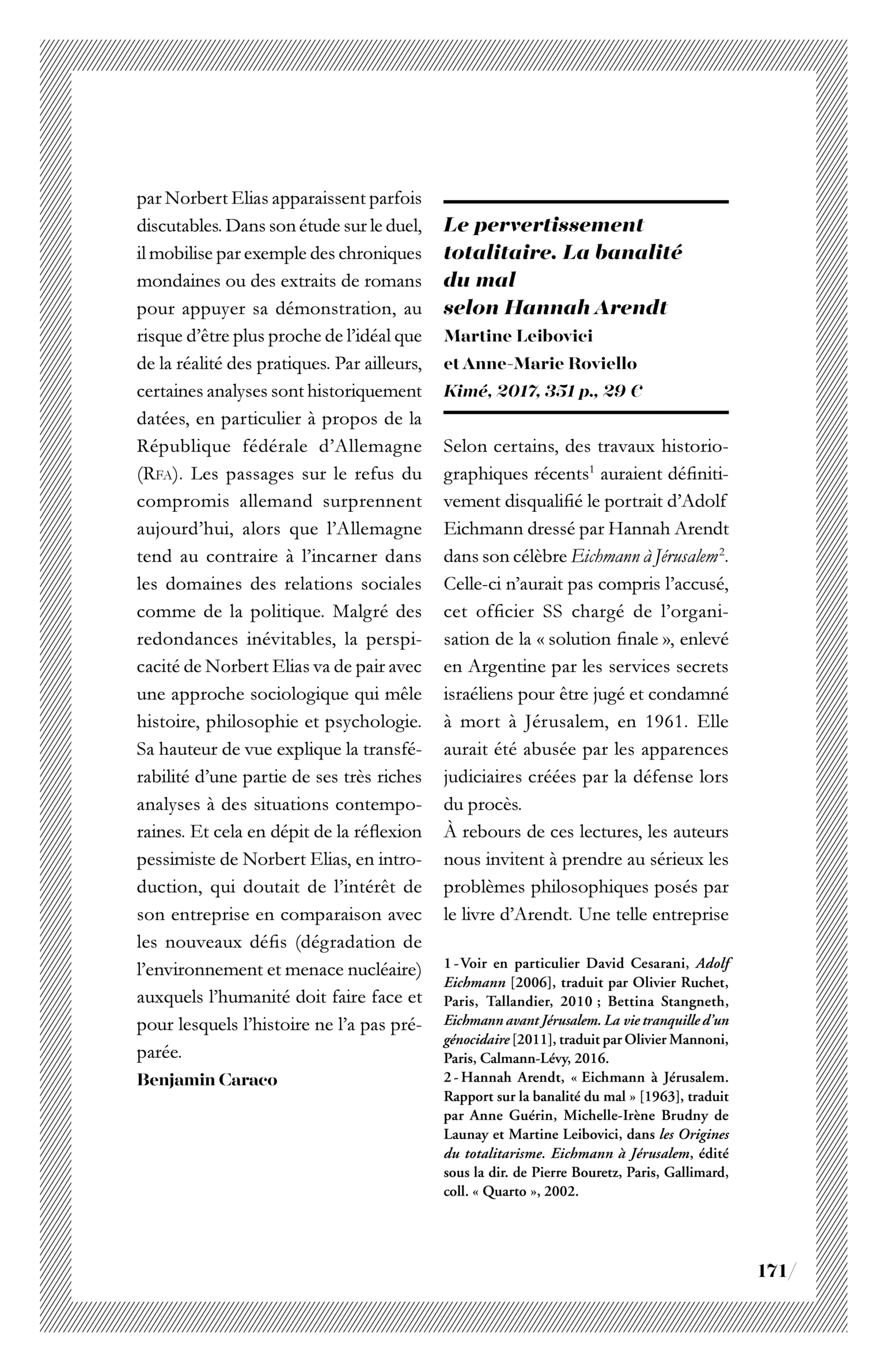 Martine Leibovici et Anne-Marie Roviello, « Le pervertissement totalitaire. La banalité du mal selon Hannah Arendt »