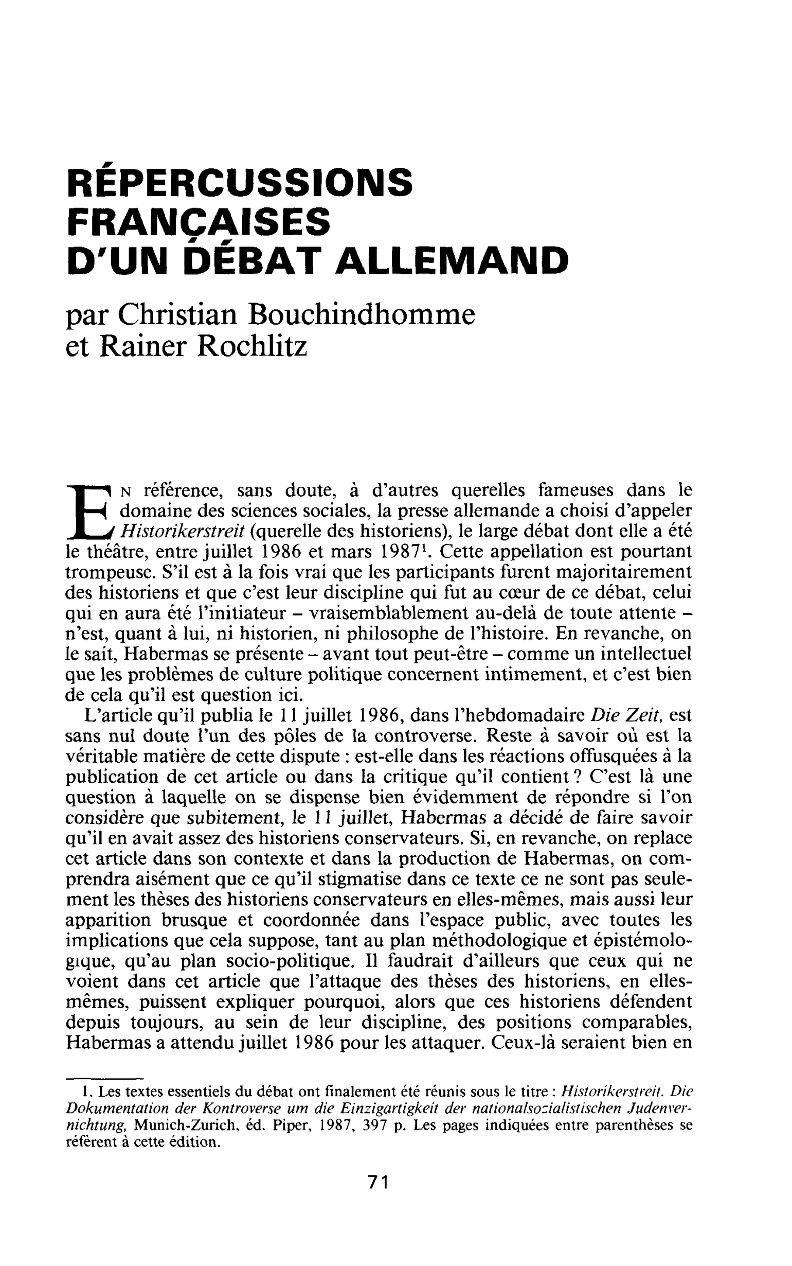 Répercussions françaises d’un débat allemand