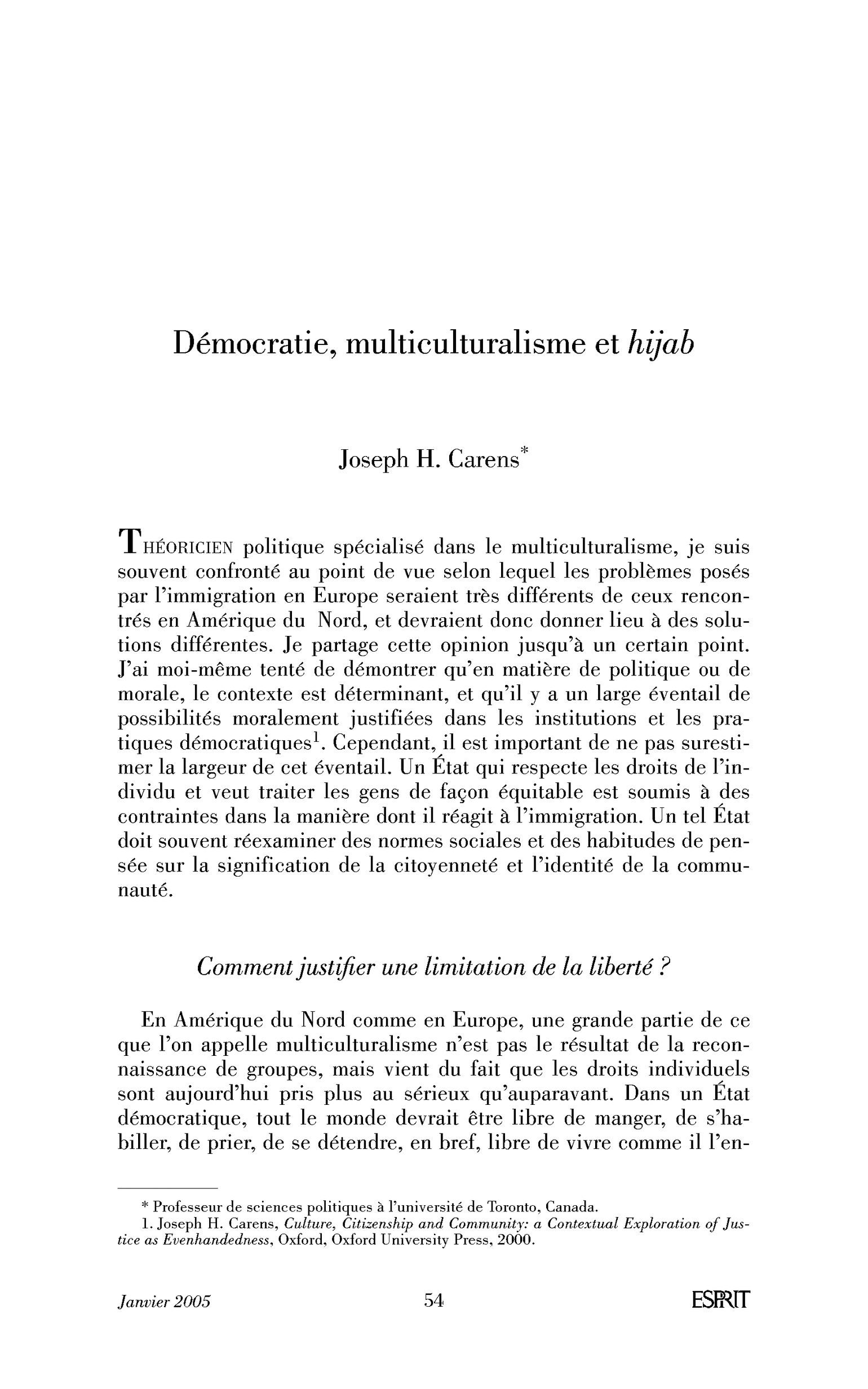 Démocratie, multiculturalisme et hijab