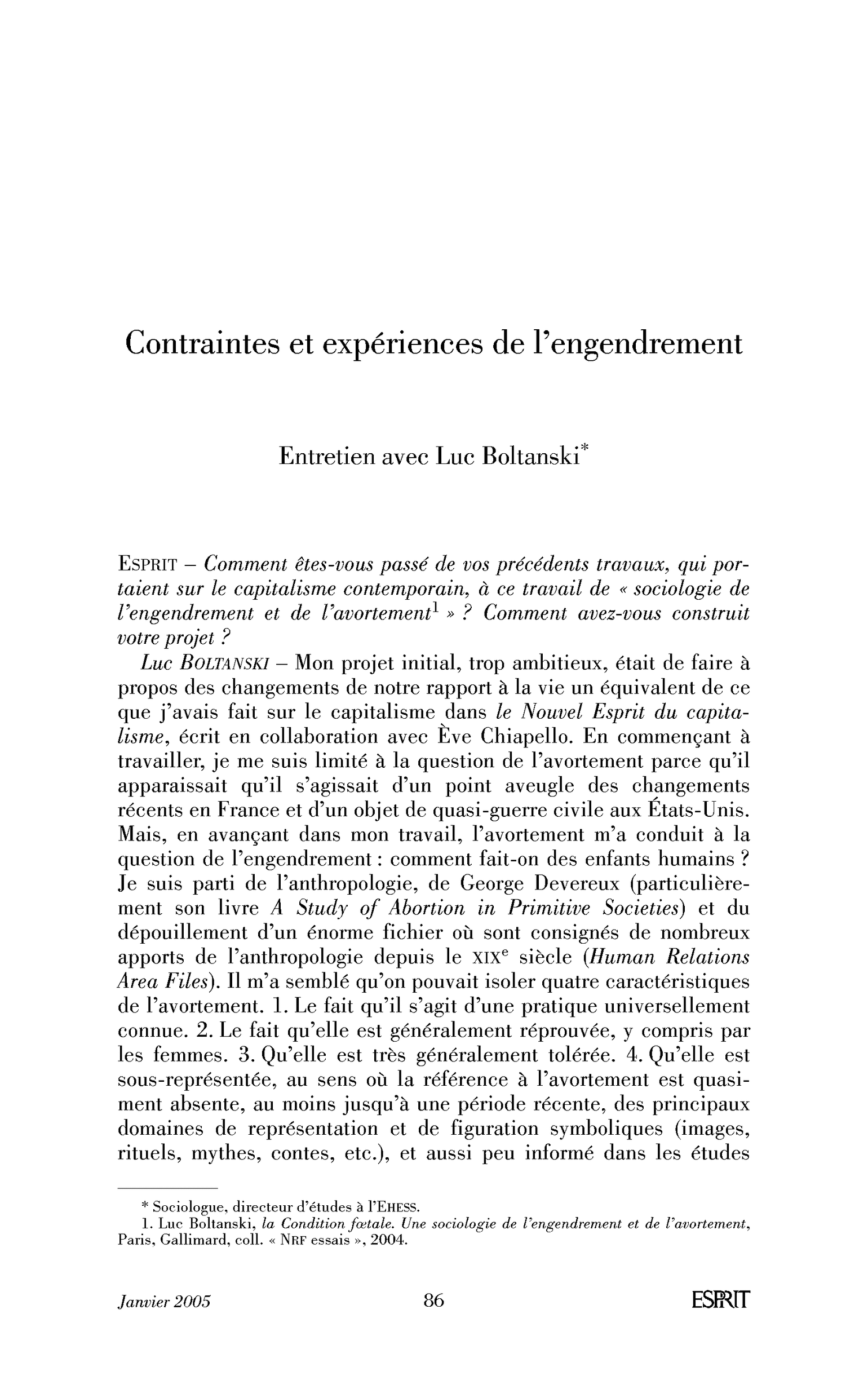 Contraintes et expériences de l’engendrement. (Entretien)