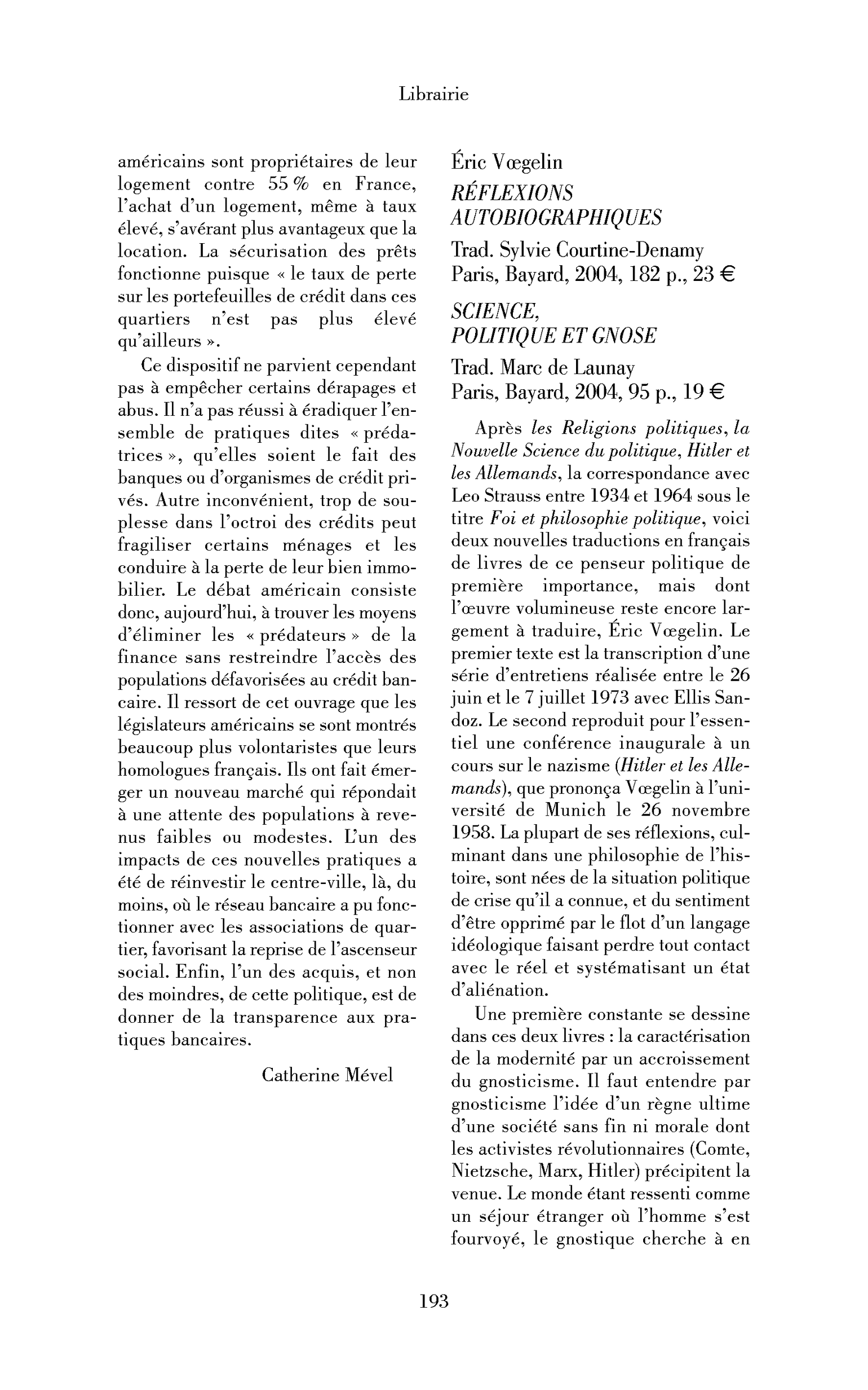 Éric Vœgelin: Science, politique et gnose