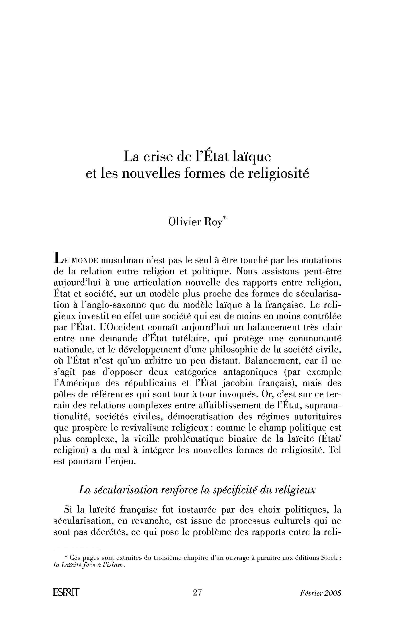 La crise de l’État laïque et les nouvelles formes de religiosité