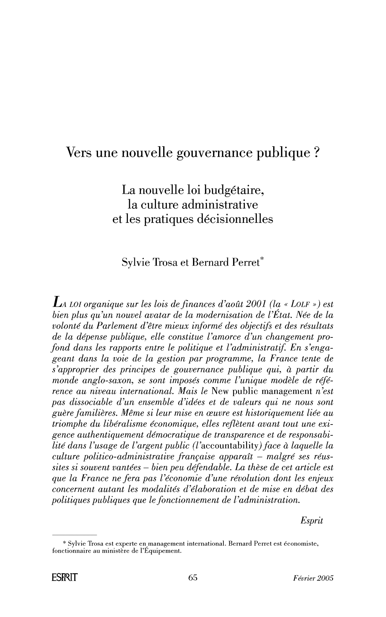 Vers une nouvelle gouvernance publique ? La nouvelle loi budgétaire, la culture administrative et les pratiques décisionnelles