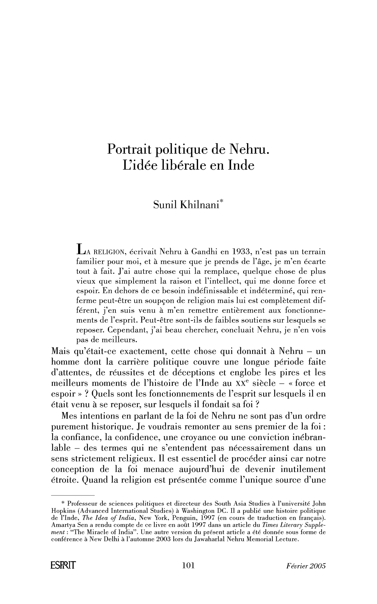 Portrait politique de Nehru. L’idée libérale en Inde