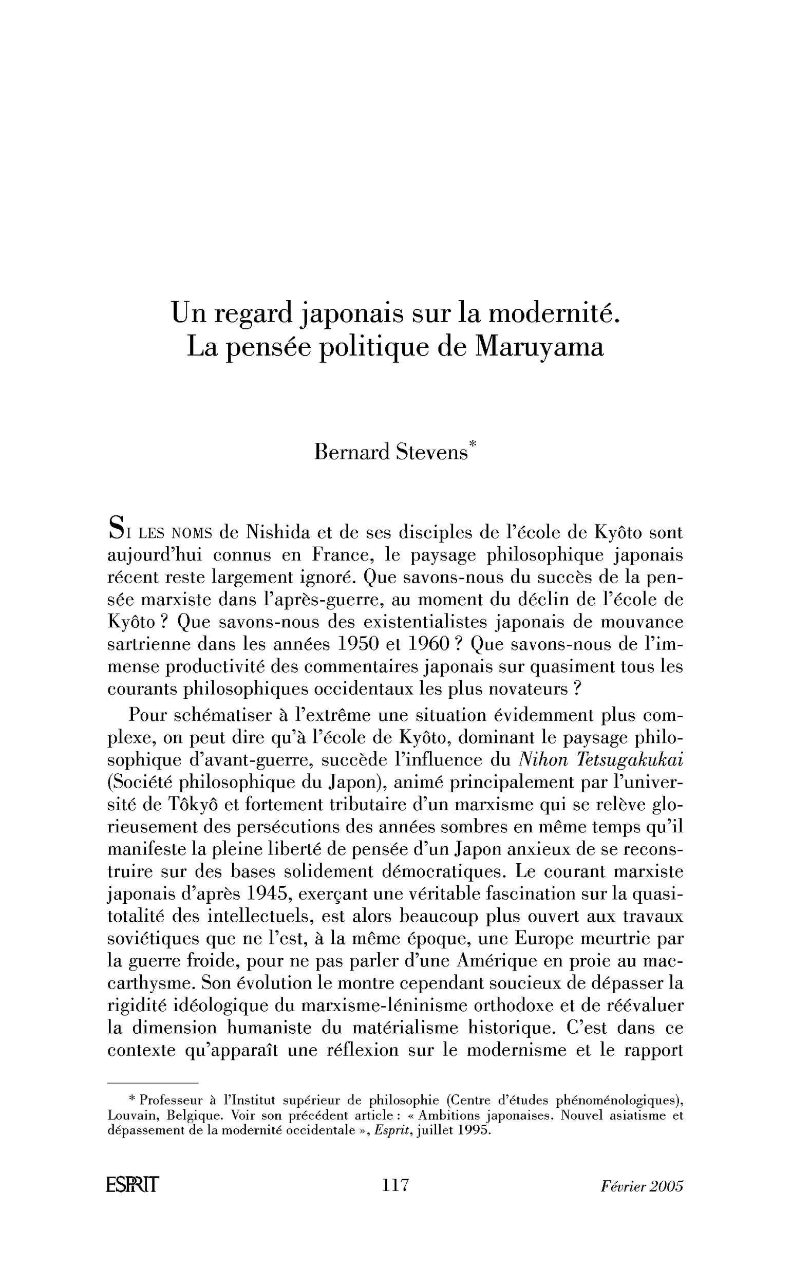 Un regard japonais sur la modernité. La pensée politique de Maruyama
