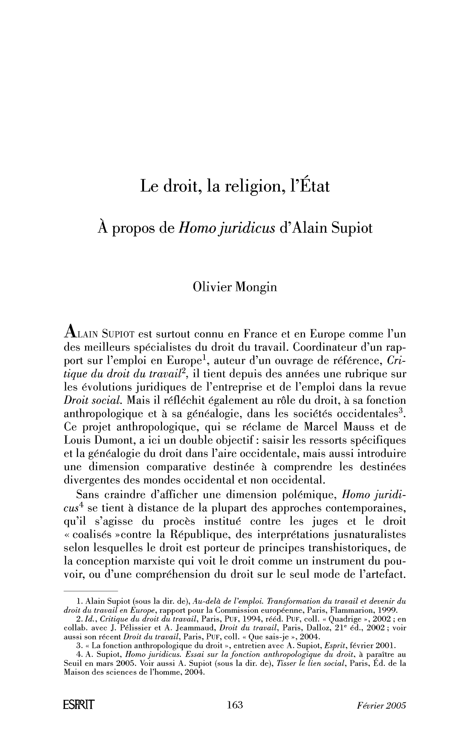 Le droit, la religion, l’État. À propos de Homo juridicus d’Alain Supiot