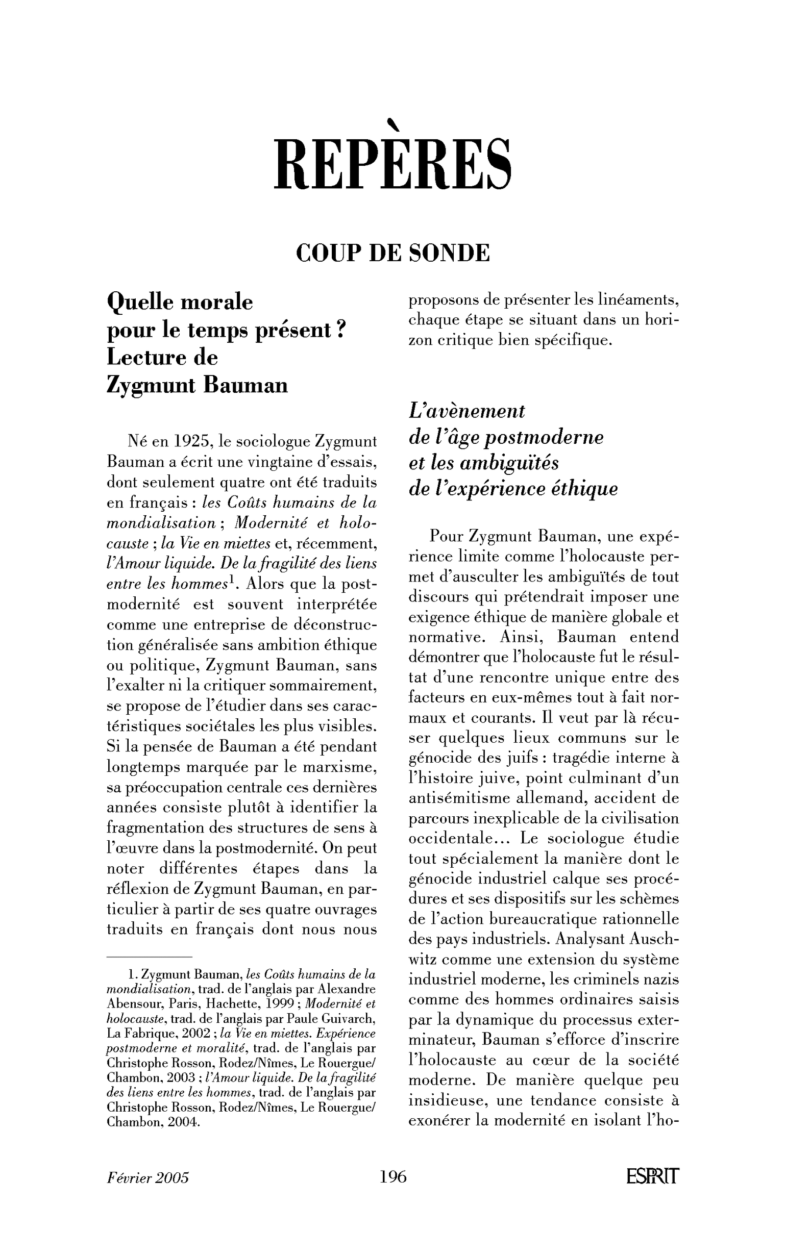 Quelle morale pour le temps présent ? Lecture de Zygmunt Bauman