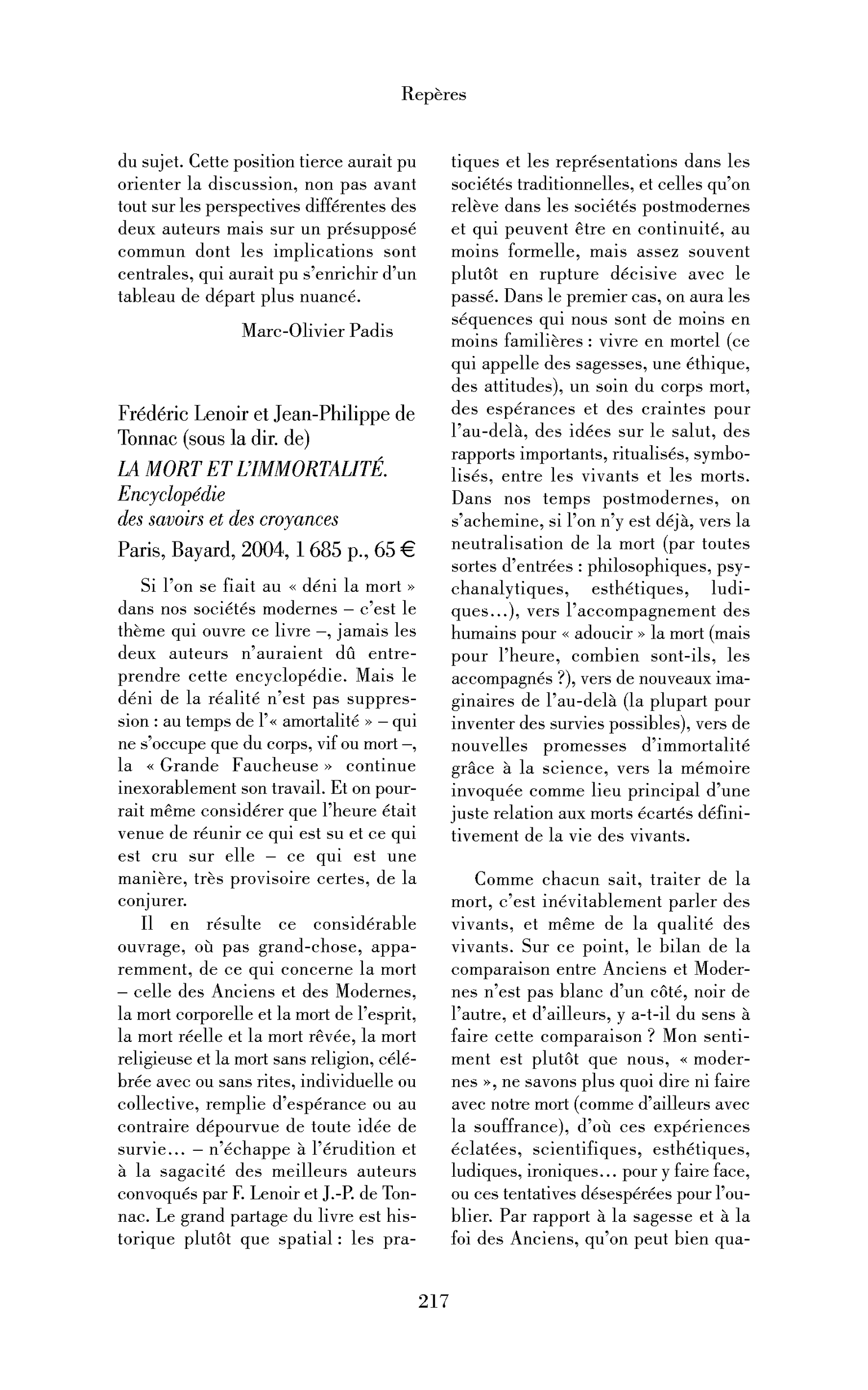 Frédéric Lenoir et Jean-Philippe de Tonnac (sous la dir. de): la Mort et l’immortalité. Encyclopédie des savoirs et des croyances