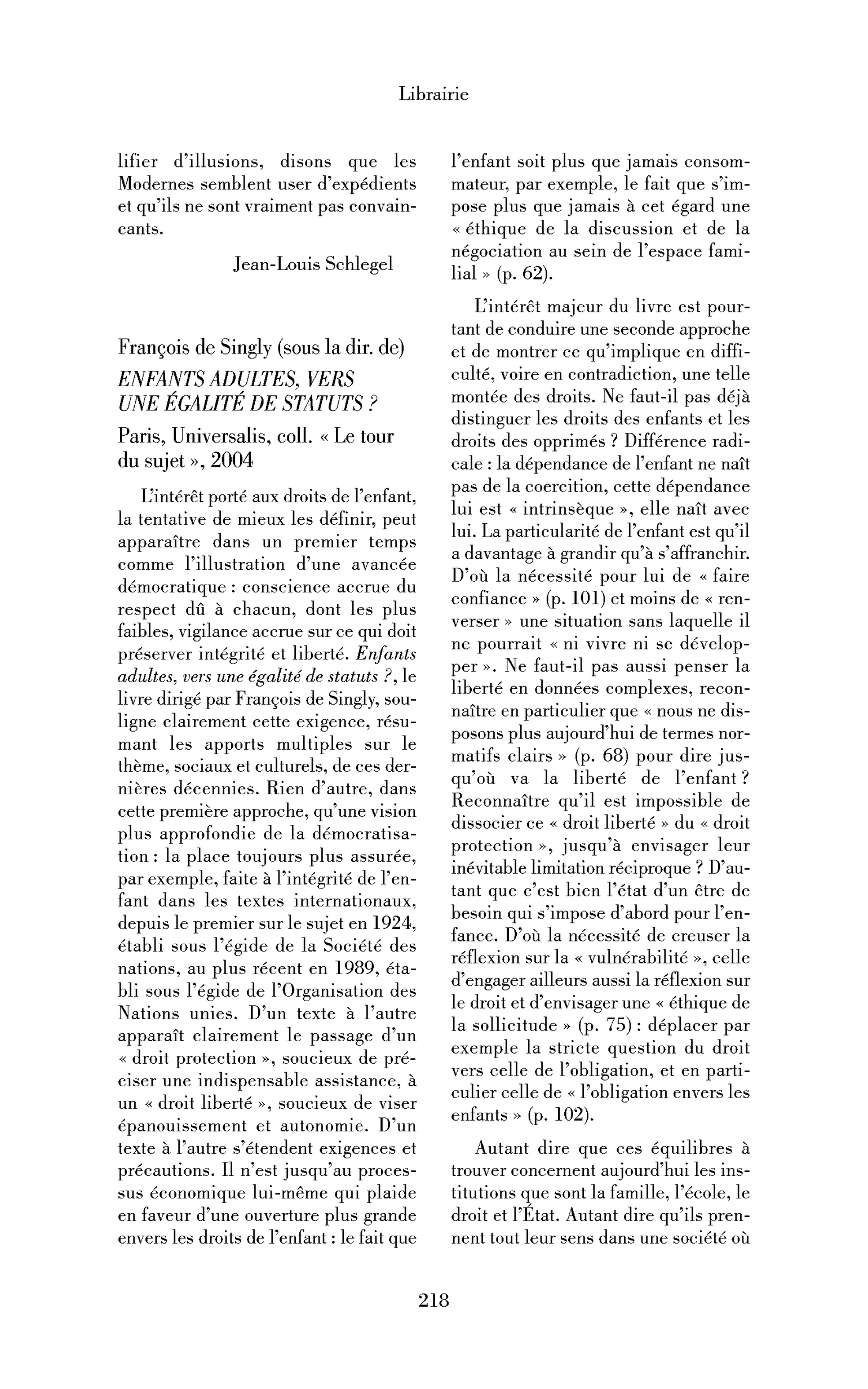 François de Singly (sous la dir. de): Enfants adultes, vers une égalité de statuts ?