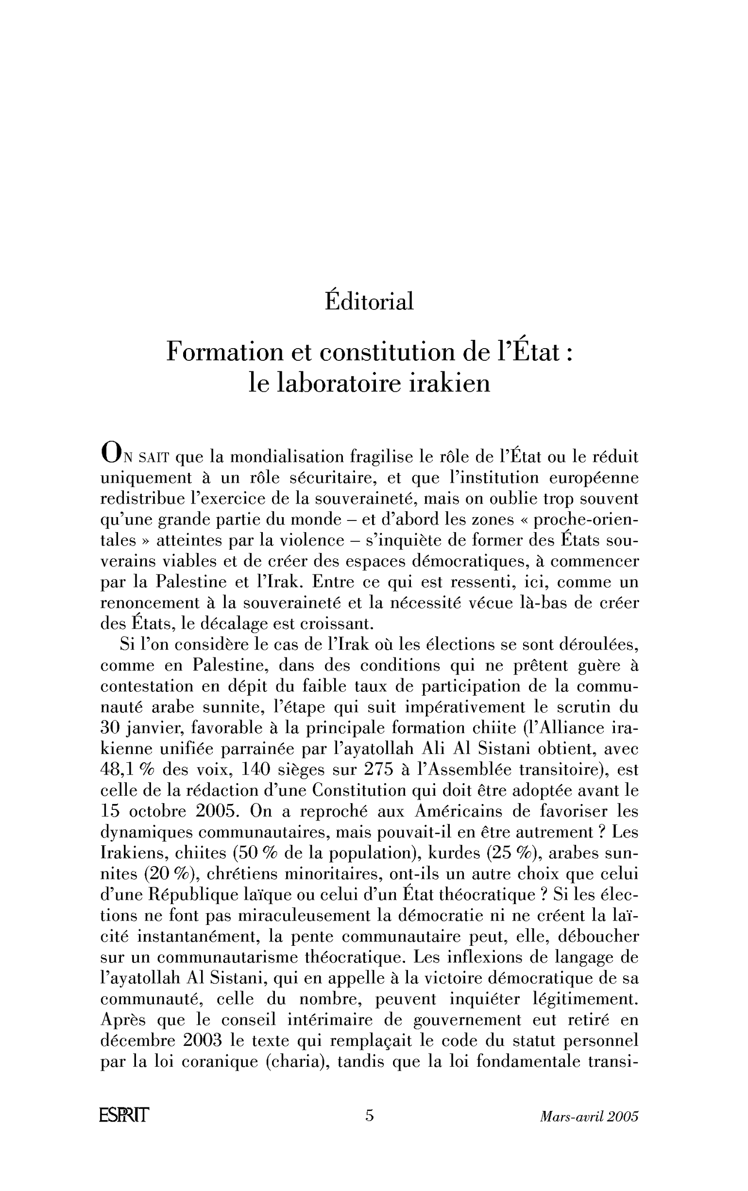 Formation et constitution de l’État: le laboratoire irakien