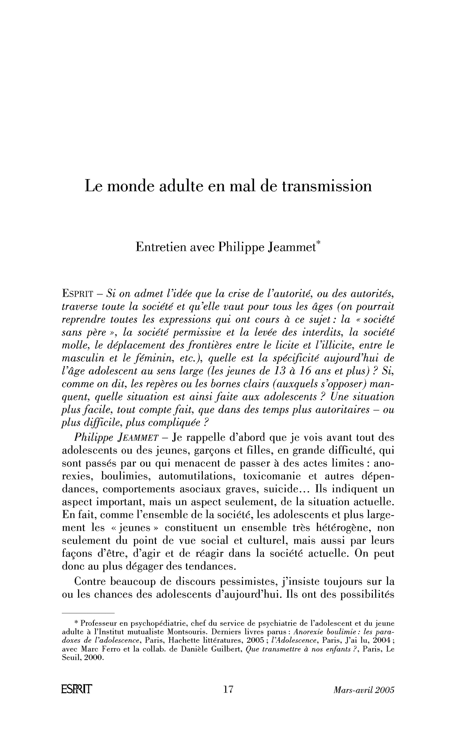 Le monde adulte en mal de transmission. (Entretien)