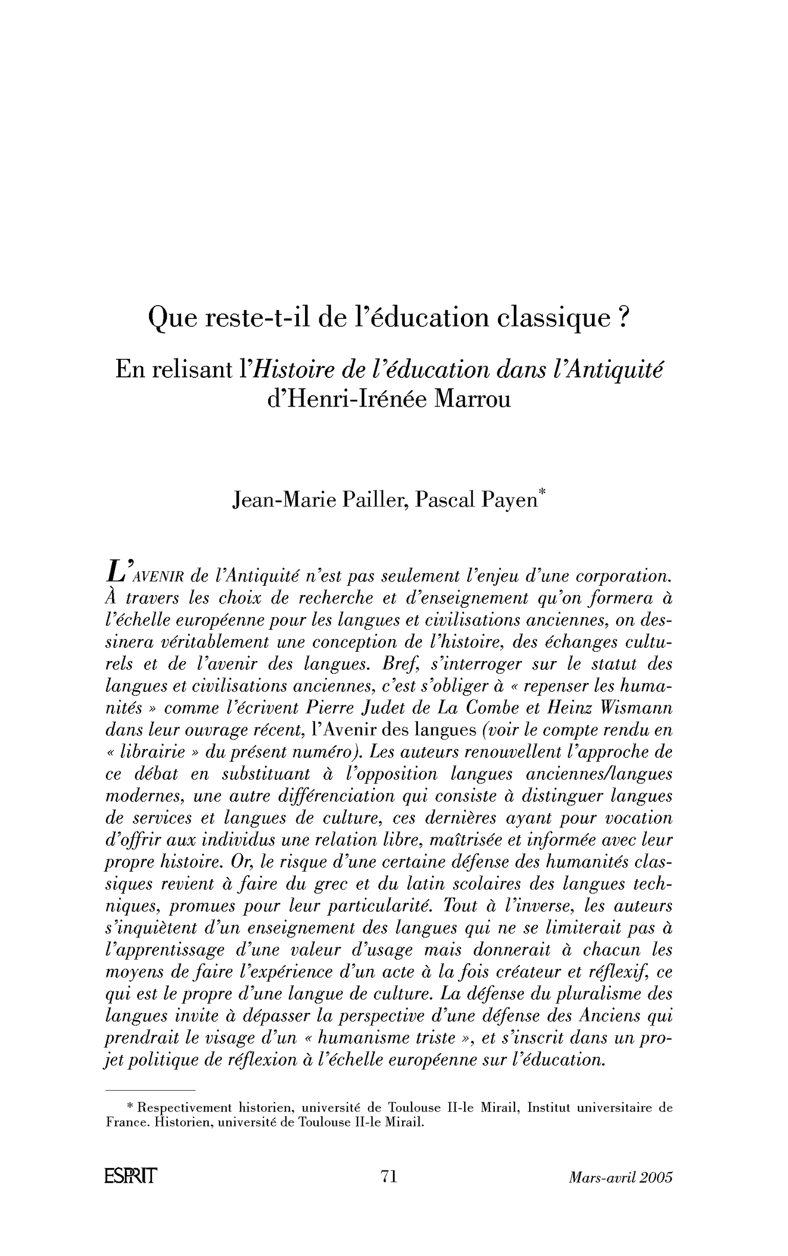 Que reste-t-il de l’éducation classique? En relisant l’Histoire de l’éducation dans l’Antiquité d’Henri-Irénée Marrou